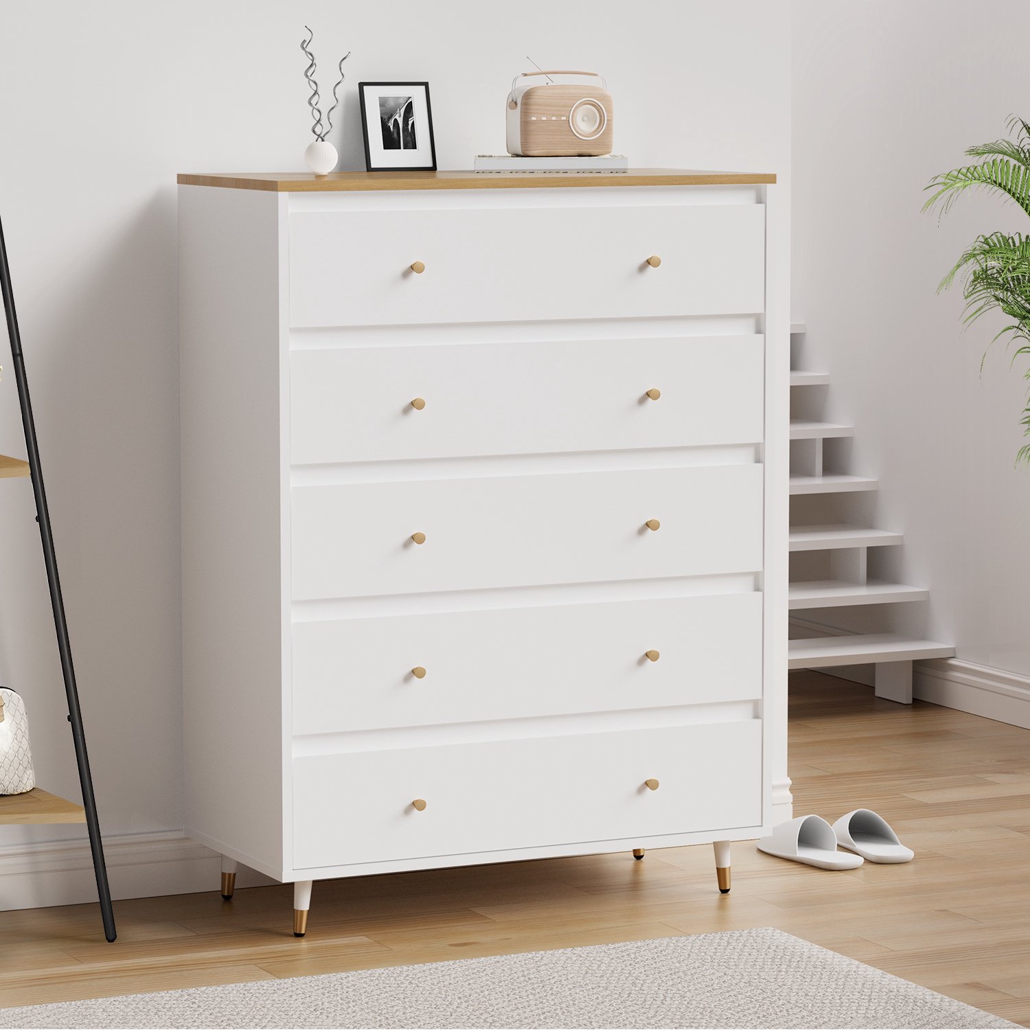 Lexzurn Ladekast 5 lades - Natuurhoutkleur - massief houten ecoplaat - opbergkast voor de slaapkamer