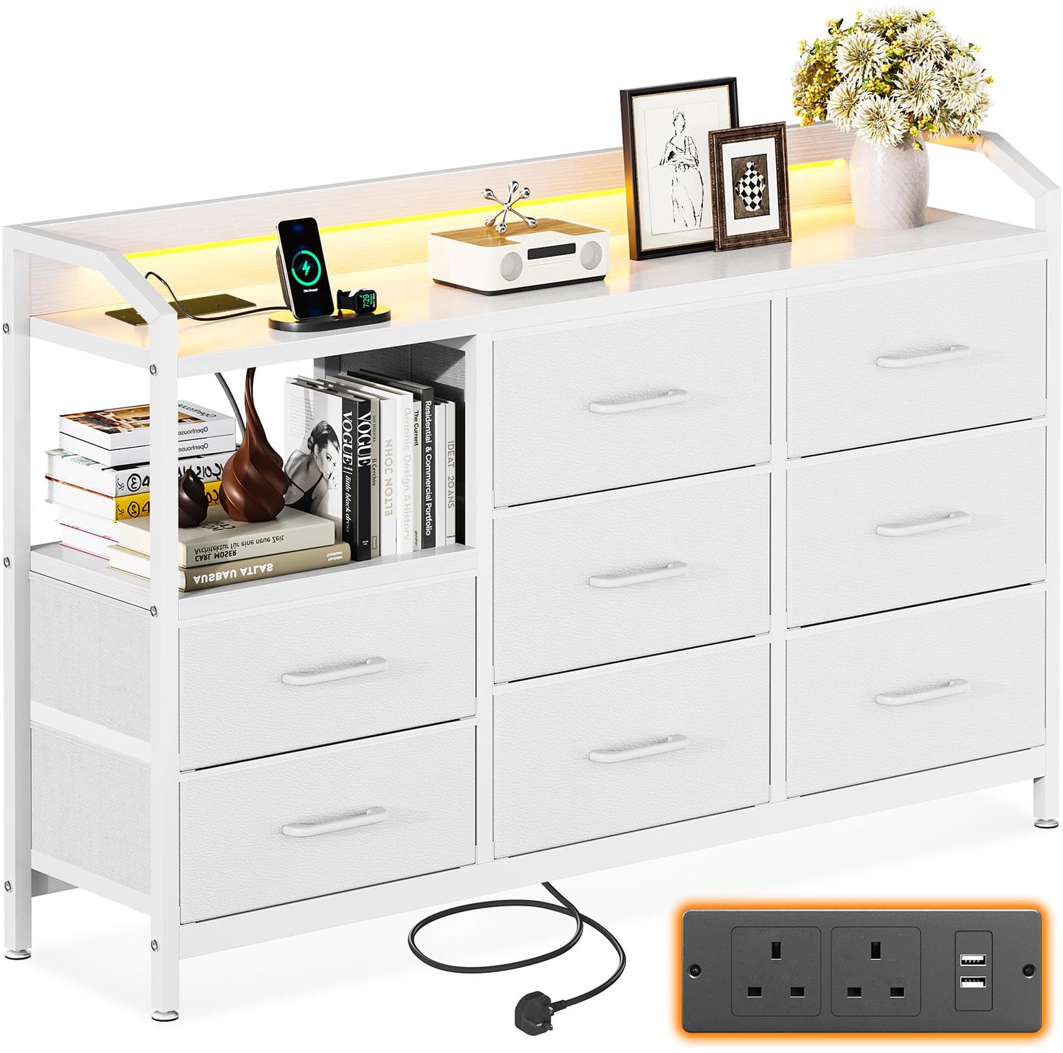 Ladekast slaapkamer 110 x 30 x 88 cm - Zwart met LED-licht en USB - 8 grote stoffen laden - Geschikt voor woonkamer - ShopVlot