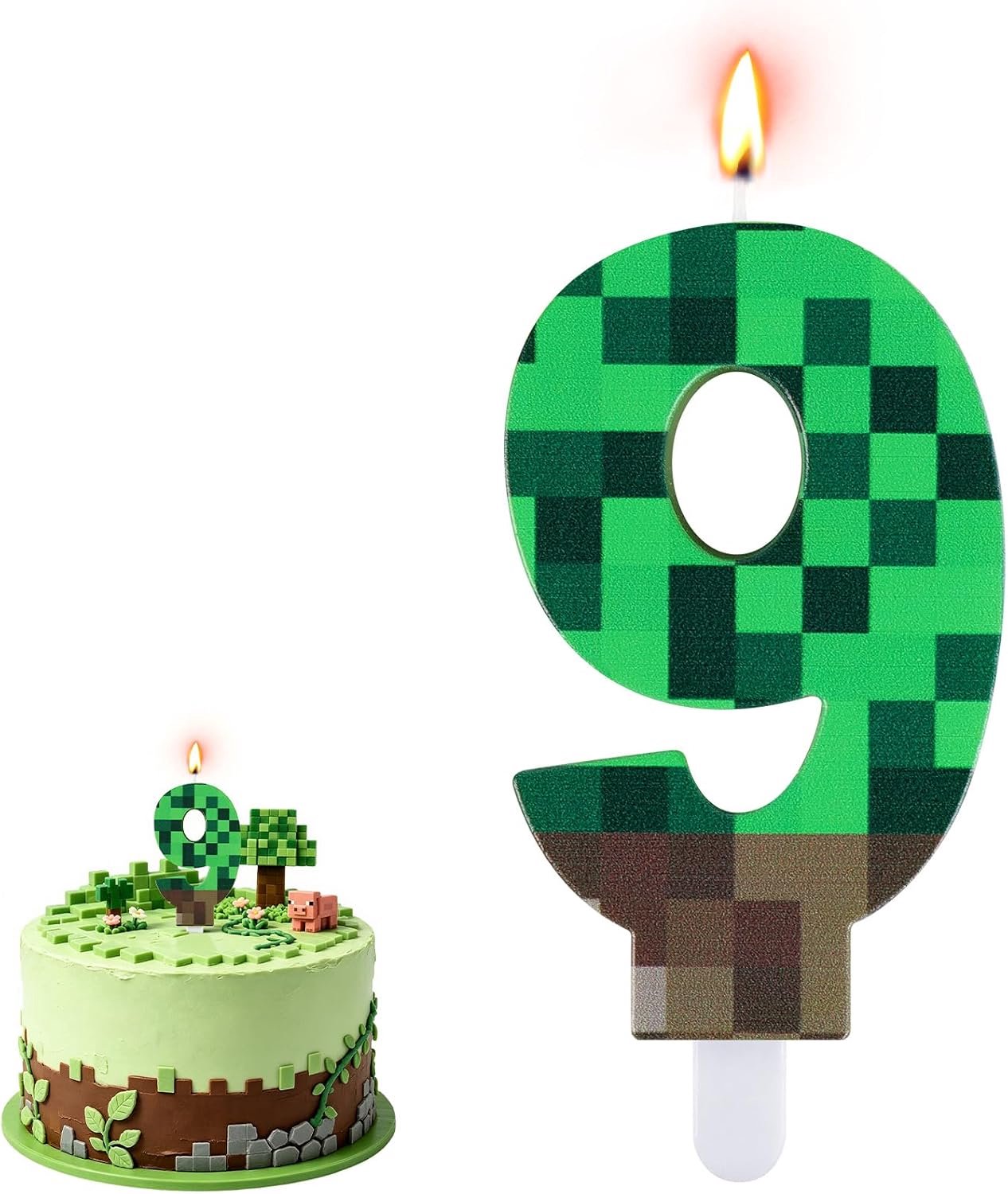 Verjaardagskaarsen cijfer 6-12 - pixelthema decoratie - groene en bruine kleuren - sfeervolle taartverlichting - ShopVlot