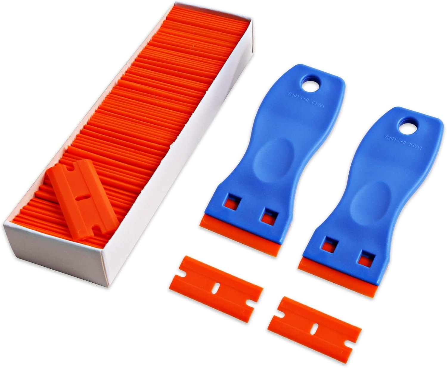 SnelShoppen - 2 Stuks Plastic Schrapers met 100 Scheermesjes, Ergonomische Soft-Touch Handgreep, Krasvrije Reiniging voor Vinylstickers, Glas en Ramen