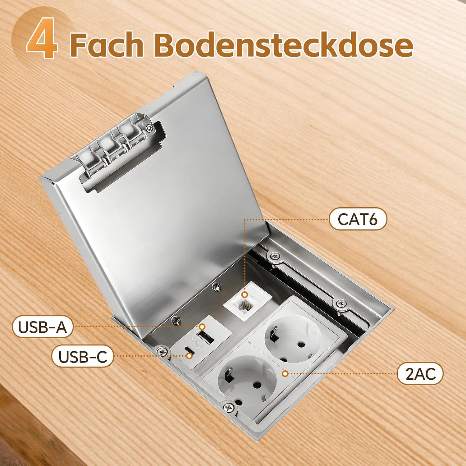 Vloeraansluiting met 2AC + USB A + C + 1RJ45 - Zwart RVS - Waterdicht - Naadloze installatie - ShopVlot