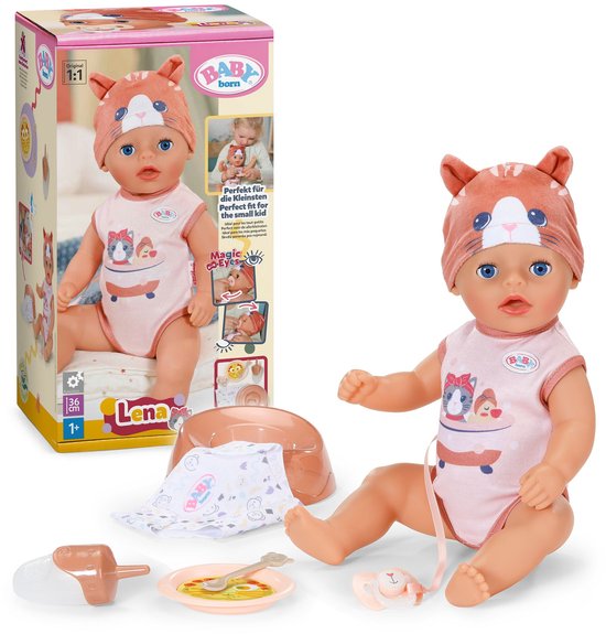 BABY born Lena pop met kattenmutsje, roze pakje met kattenprint. Inclusief accessoires.