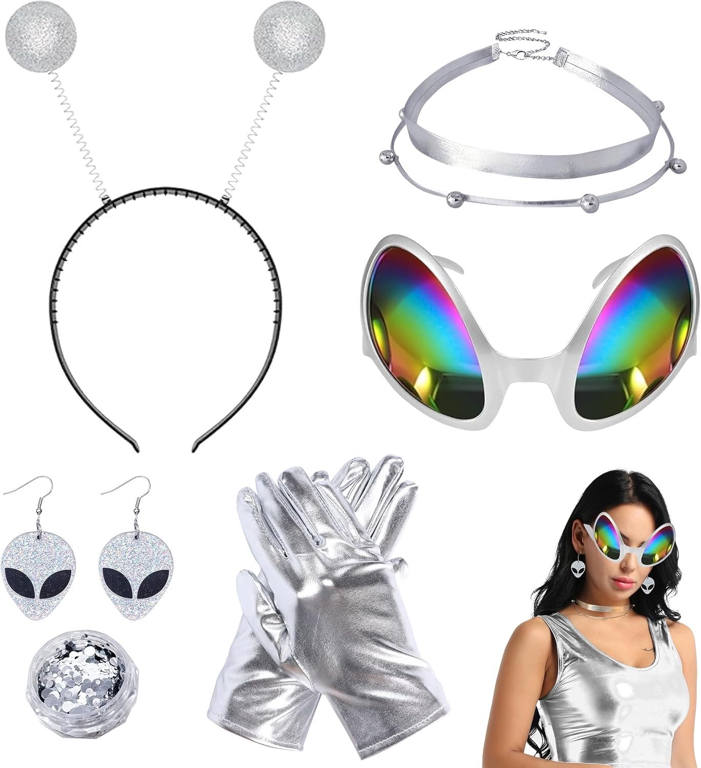 Vrouwelijk Alien Kostuum Set met 6 Onderdelen voor Feestjes en Thema-avonden