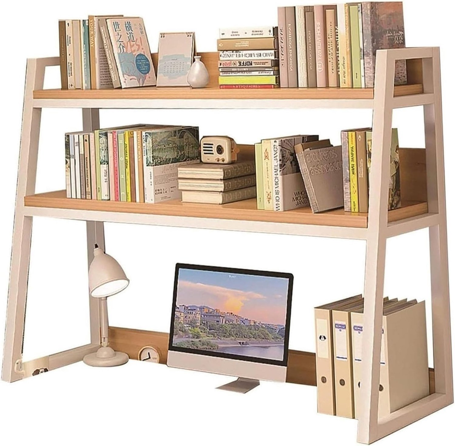 Trapeziumvormige 2 Tier Houten Desktop Boekenplank voor Home Office Dorm Decor Wit 115X32X90cm