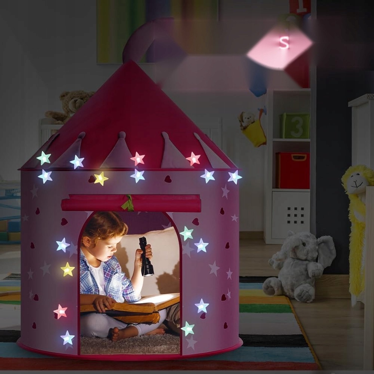 Roze Kindernamten Speeltent 101x135cm Inkl. Lichtjes & Stickers