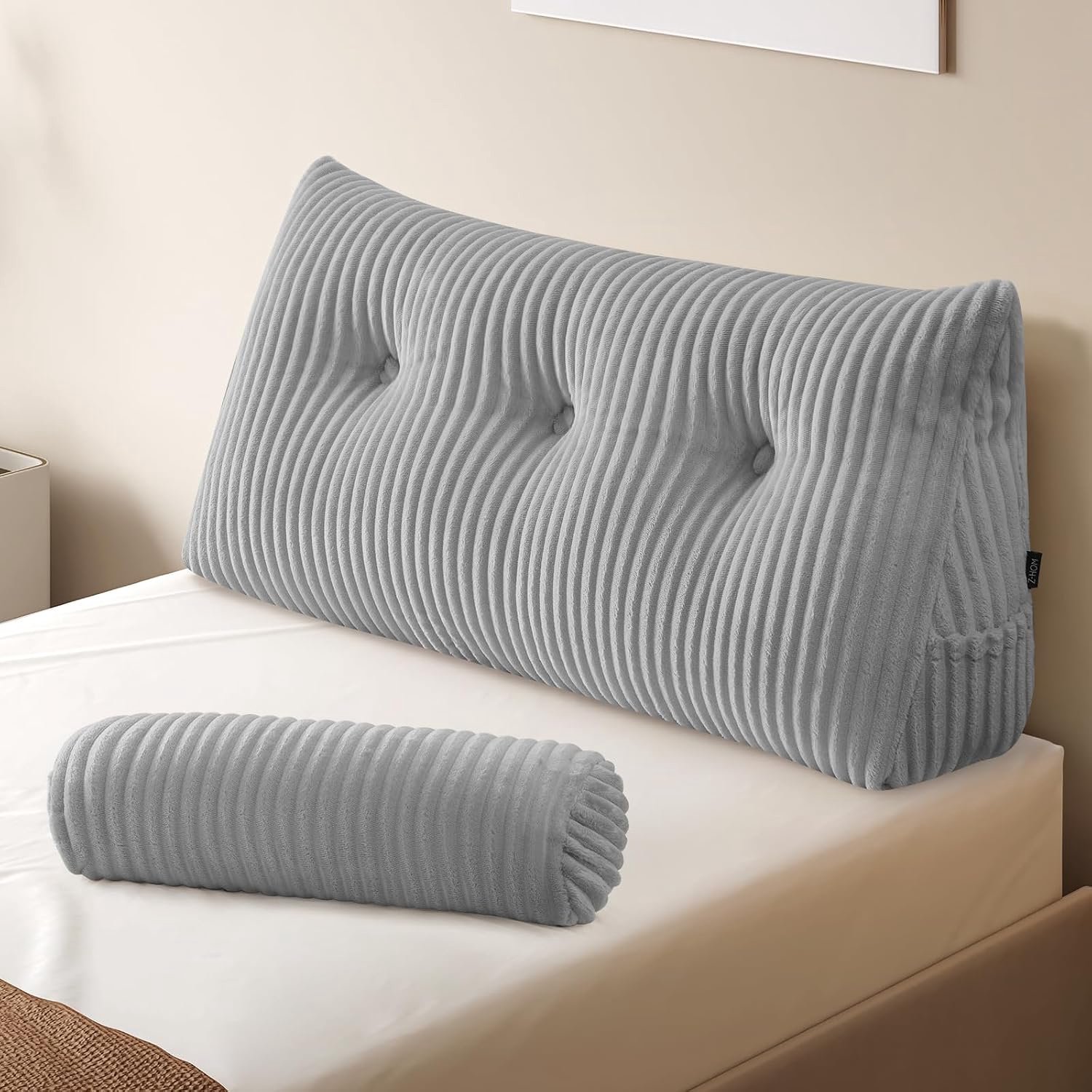 Wigvormig kussen, leeskussen voor bed en bank, gezellig rugkussen, praktisch zijvak, verwijderbare hoes, met rond hoofdkussen (lichtgrijs, 100 x 50 x 20 cm)