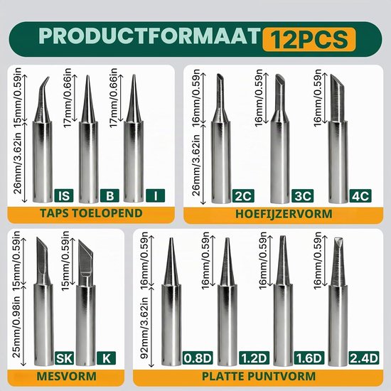 Set van 12 Loodvrije Koper 900M Loodpunten, Universele Multi-vormige Soldering Tips, Geschikt voor Diverse Soldering Stations en Loodijzers — afbeelding 5