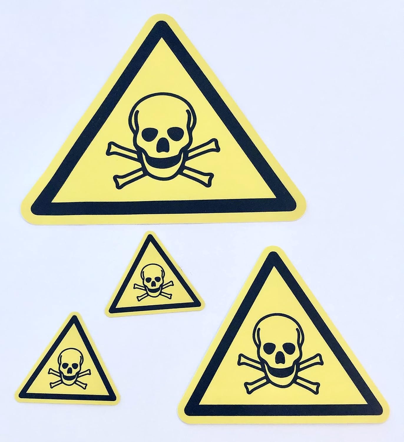 ISO Safety Label Sign Set - Internationaal Waarschuwing Giftig Materiaal Symbool - Set van 4 zelfklevende driehoekige Stickers - 1x 150mm, 1x100mm en 2x50mm Stickers
