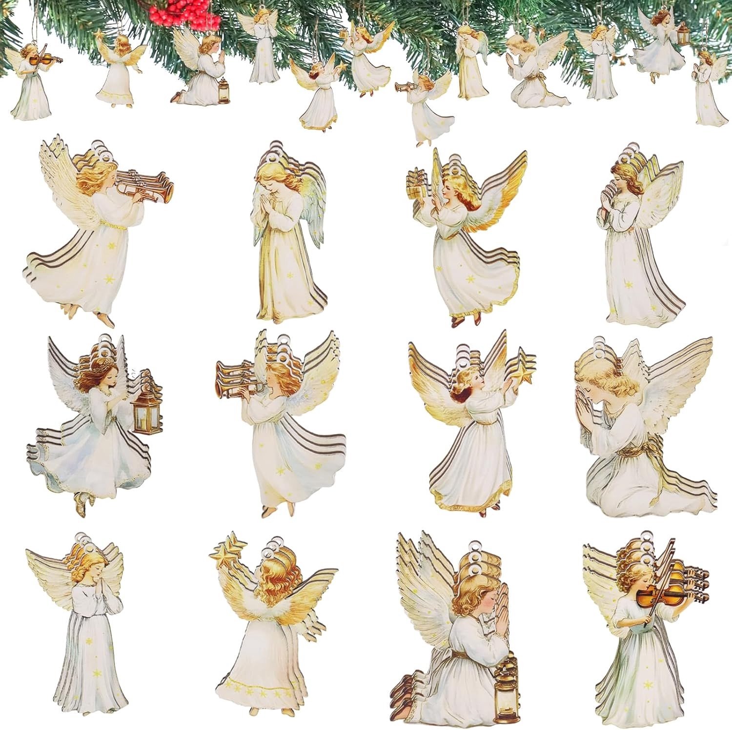 Kerstdecoratie met 36 houten engeltjes, kleine hangers voor kerstboom, cadeaus en figuren