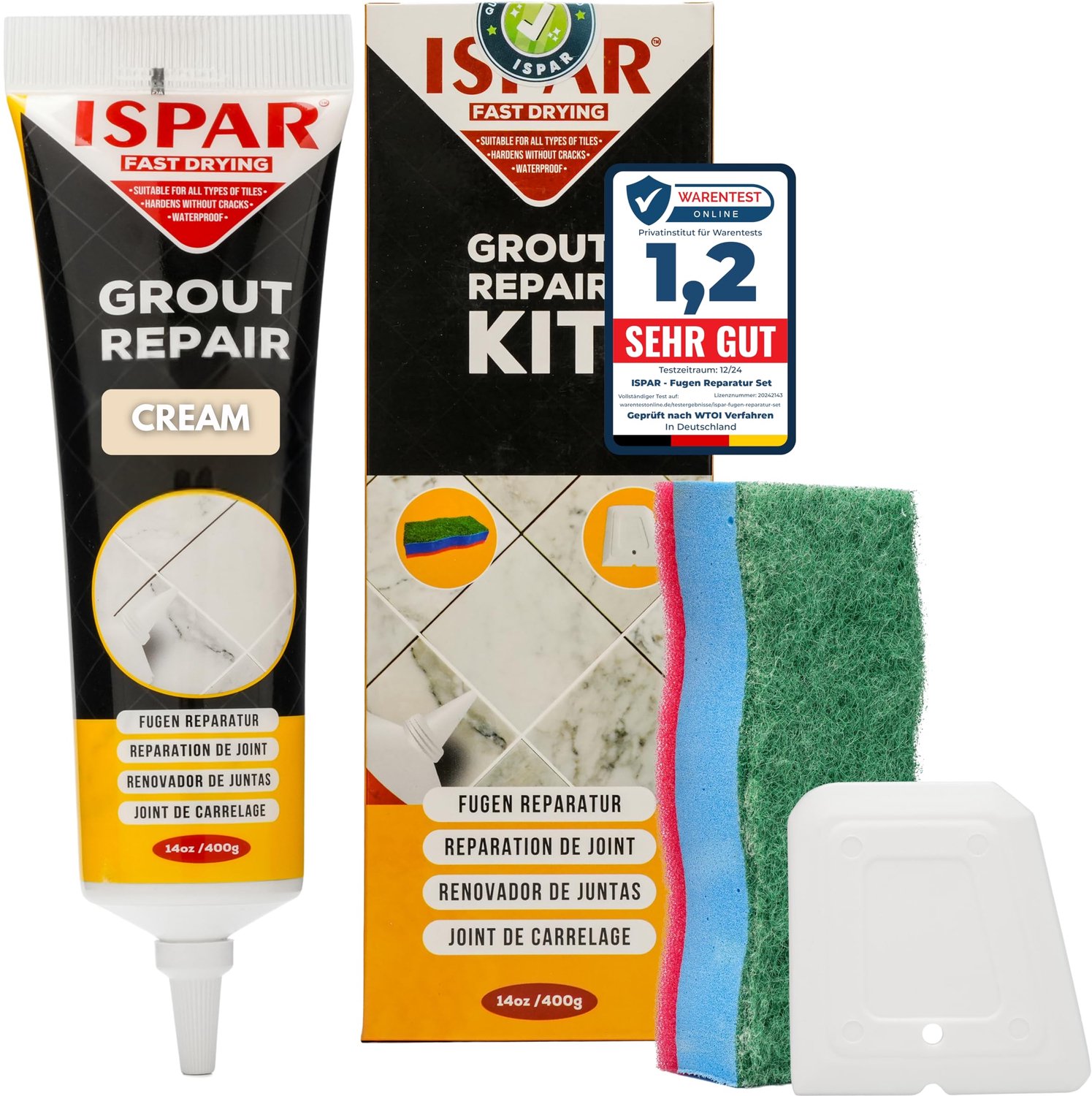 ISPAR Voegenreparatie Crème 400 g – Kant-en-klare voegpasta voor tegelvoegen, badkamer, douche, keuken, wand en vloer, met spatel en spons