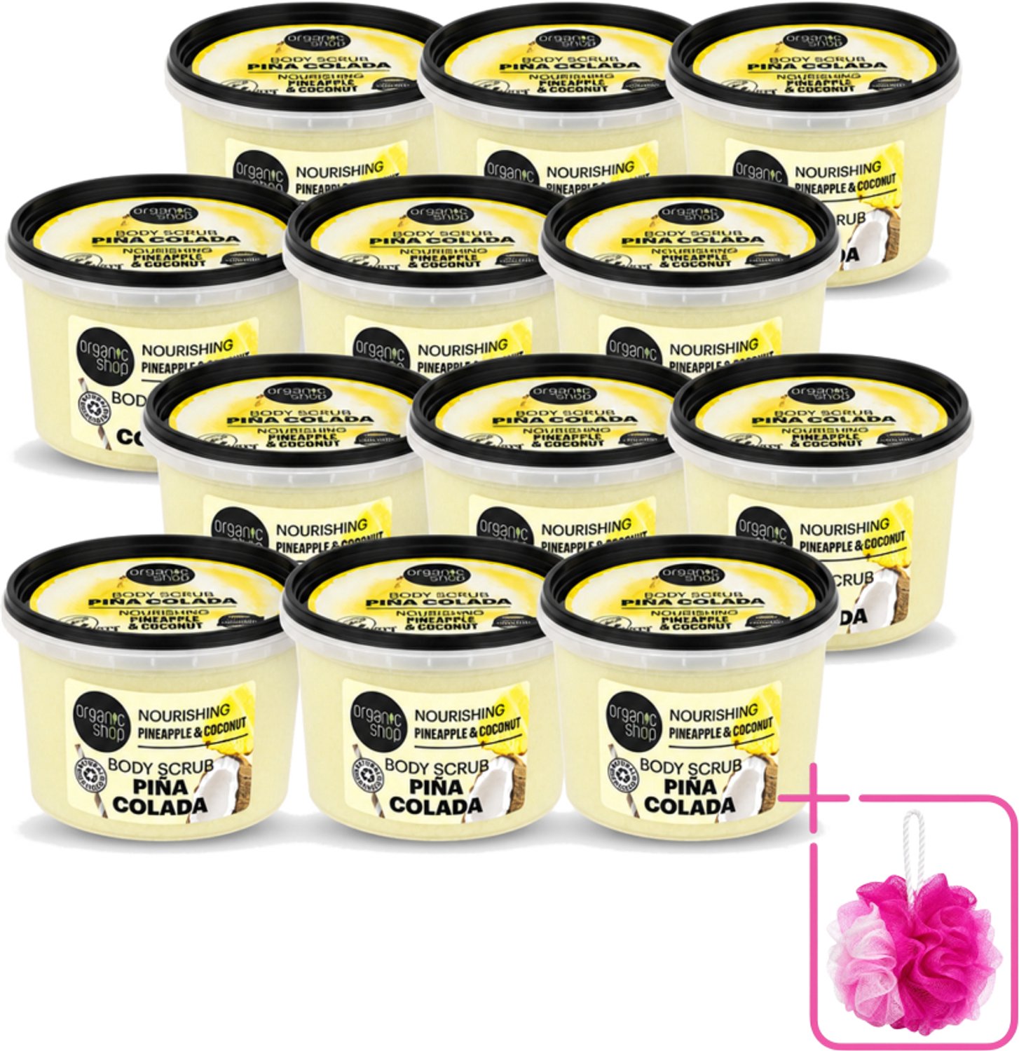 12 x Organic Shop - Body Scrub Pineapple & Coconut - Verfrissend en Voedend - 250 ml - Bulkverpakking - Bodyscrub - Douchemop - Exfoliatie
