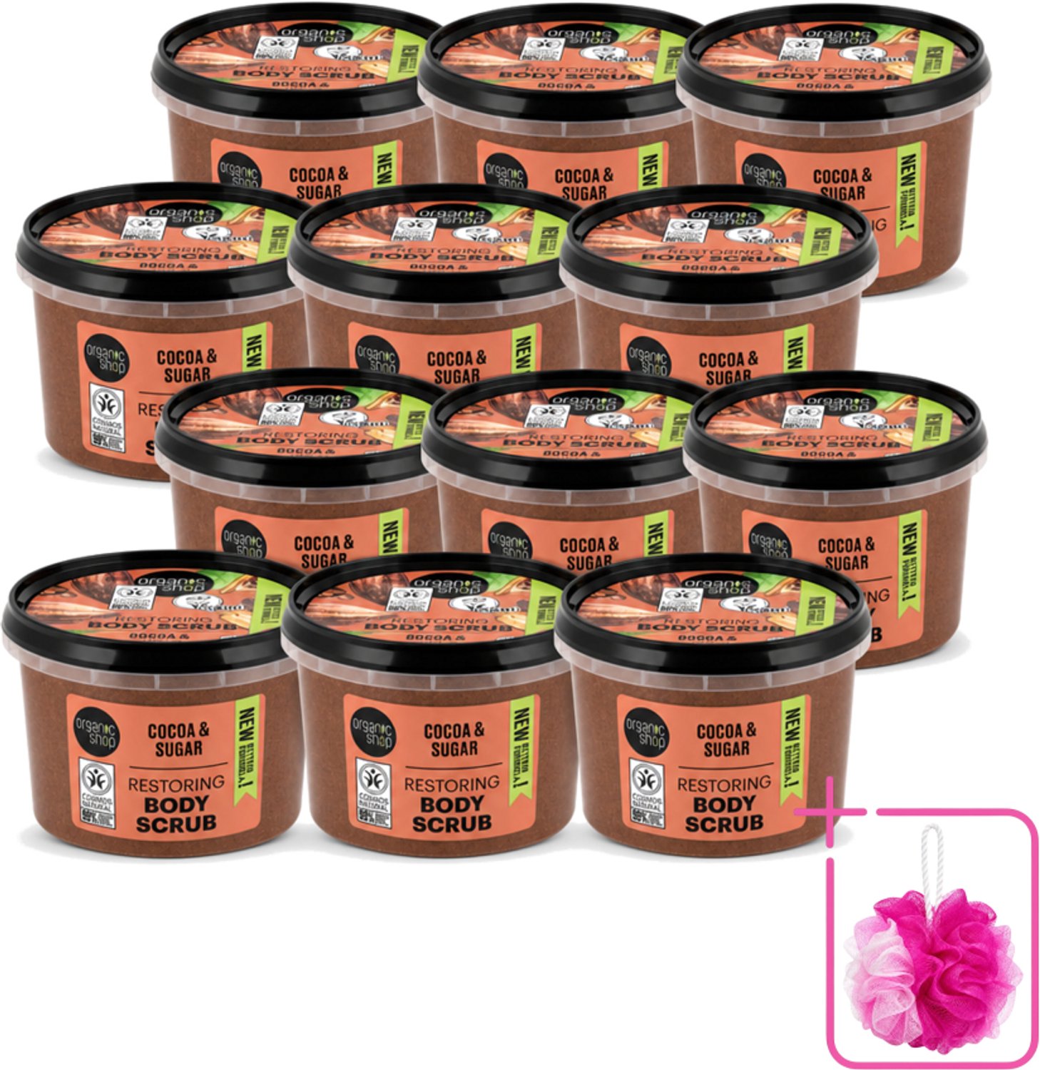 12 x Organic Shop - Body Scrub Cocoa - Rijke Hydratatie - 250 ml - Bulkverpakking - Bodyscrub - Douchemop - Exfoliatie
