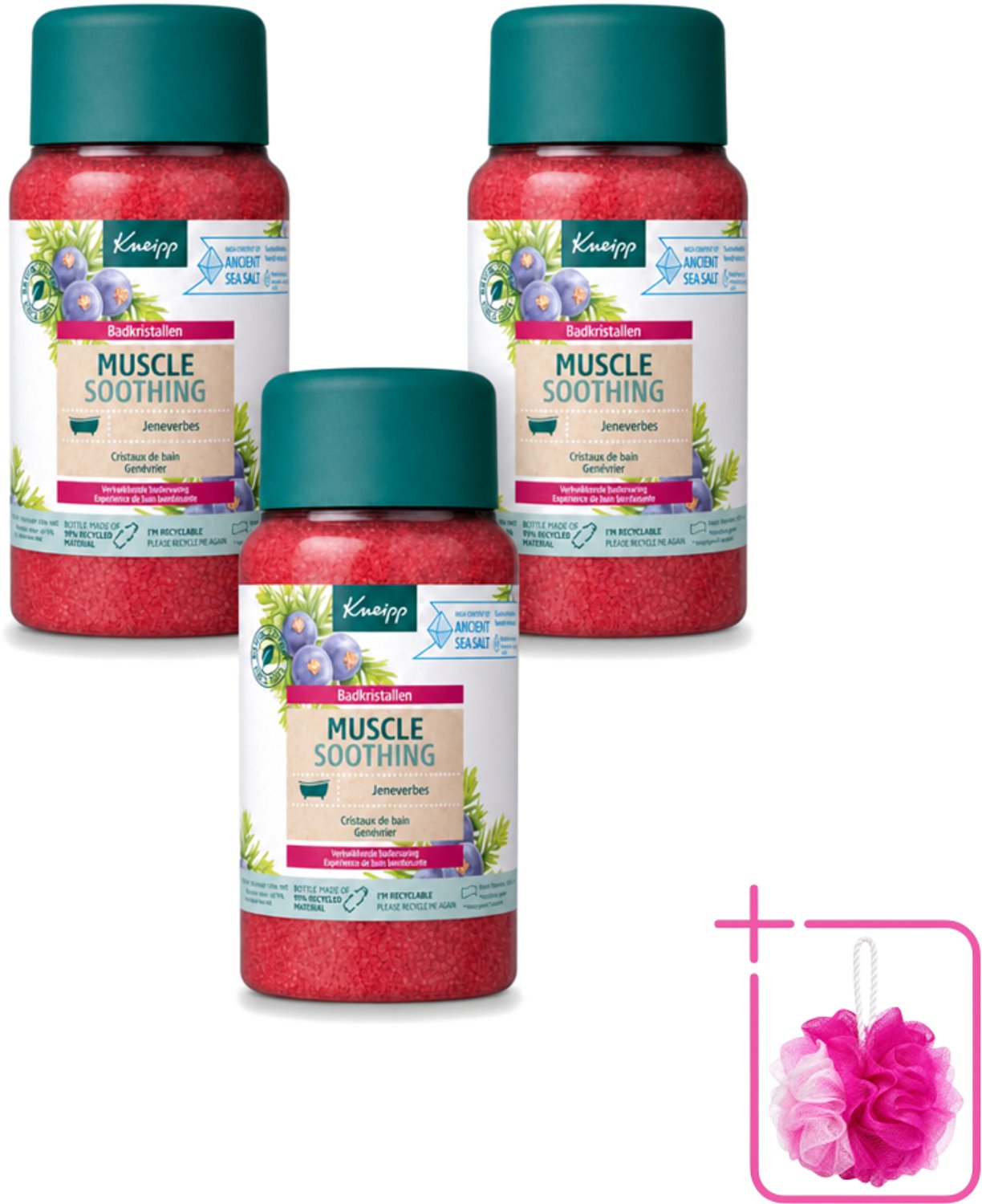 3 x Kneipp - Badzout - Muscle Soothing - Jeneverbes - Weldaad voor spieren - 600 g - Bulkverpakking - Badzout - Douchemop - Spierverzorging
