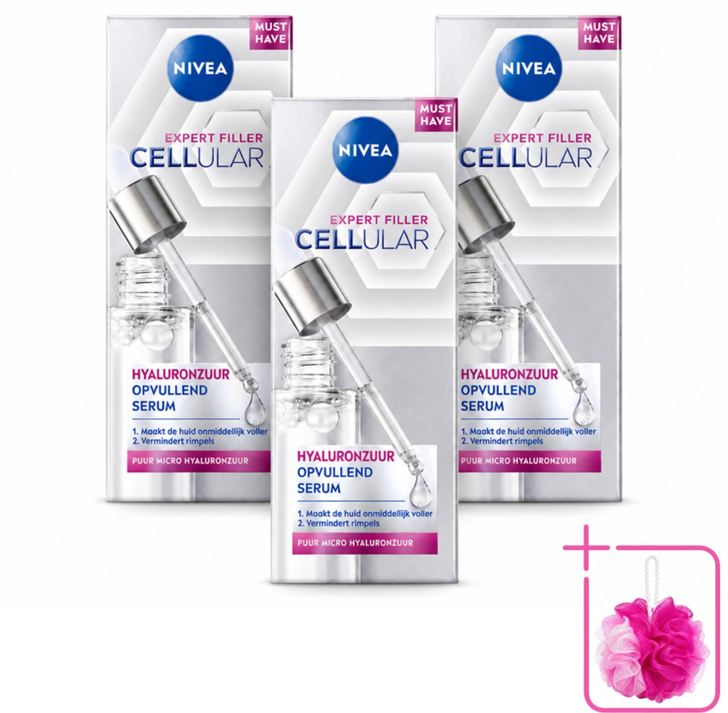 3 x Nivea - Cellular - Expert Filler Hyaluronzuur Serum - Rimpelvullend en Hydraterend - 30 ml - Bulkverpakking - Hyaluronzuur serum - Douchemop - Rimpelvulling