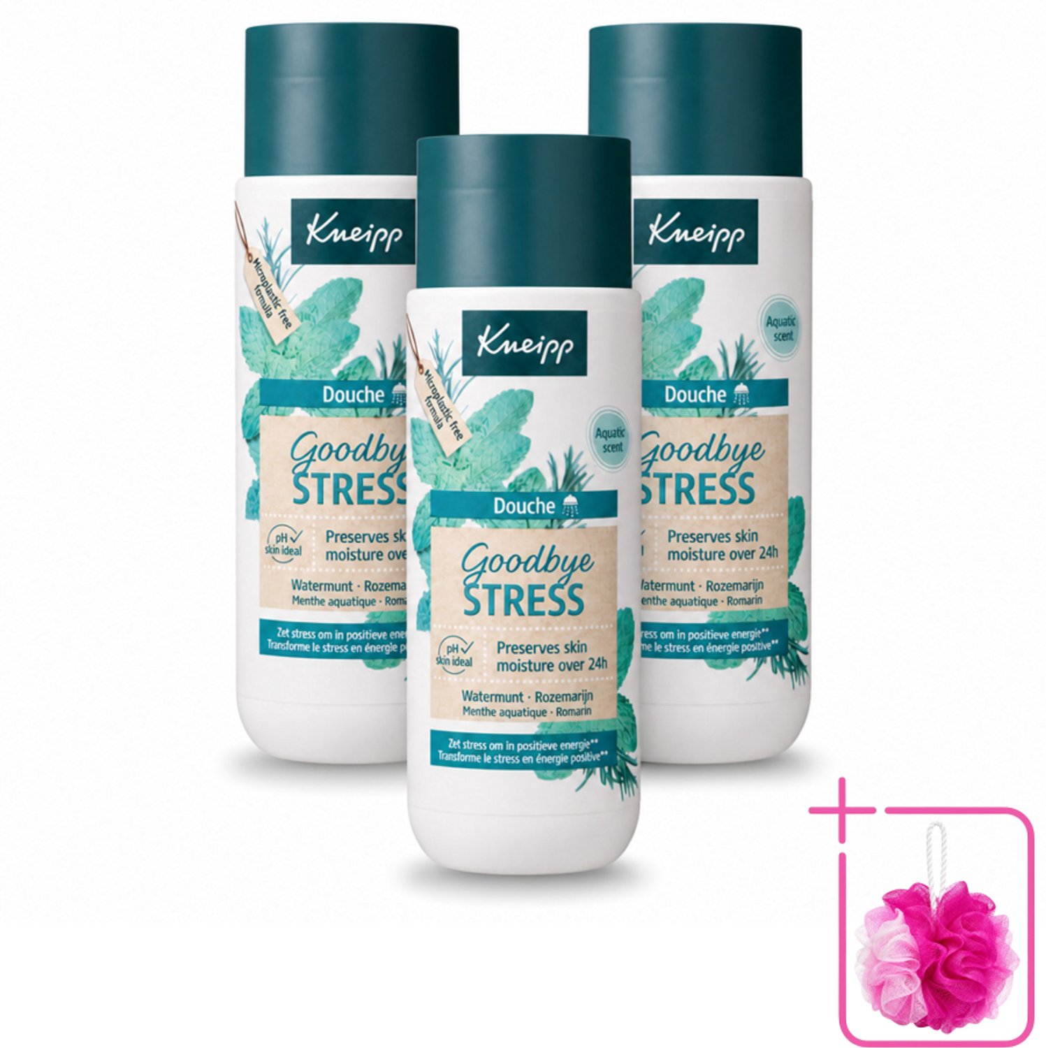 3 x Kneipp - Douchegel - Goodbye Stress - 200 ml - Bulkverpakking - Stressverlichting - Douchemop - Energie