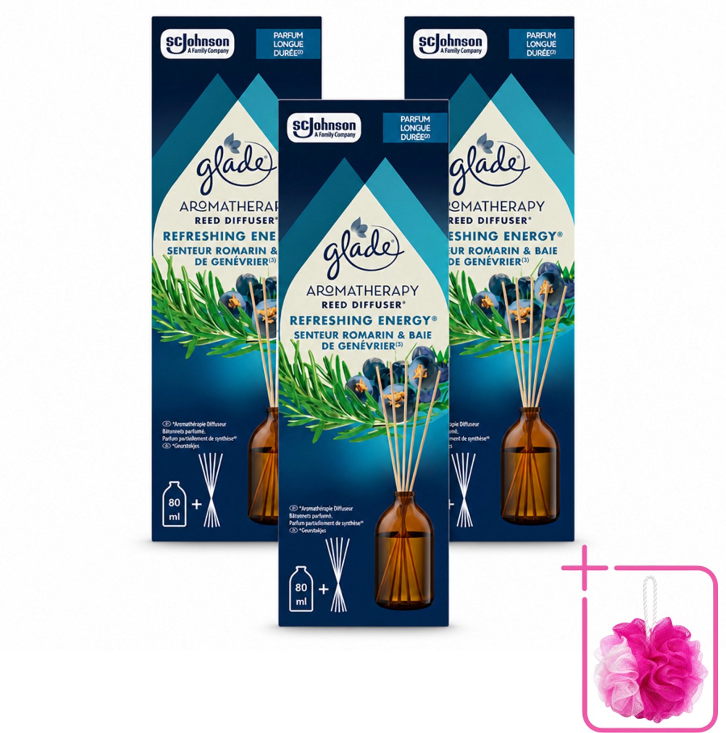 3 x Glade - Geurstokjes Verfrissende Energie - Aromatherapie Geurverspreiding - 80 ml - Bulkverpakking - Geurstokjes - Douchemop - Energie