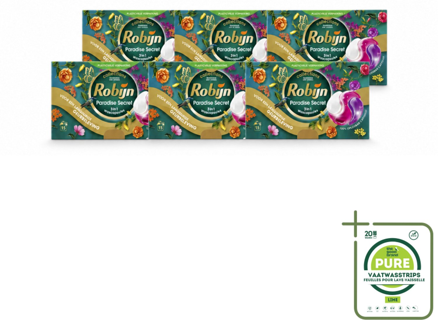6 x Robijn – 3-in-1 Wascapsules – Paradise Secret - 15 Capsules - Grootverpakking - Vaatwasstrips - Wascapsules - Kleurbescherming - Wasgeur - 3-in-1 - Wasbeurt
