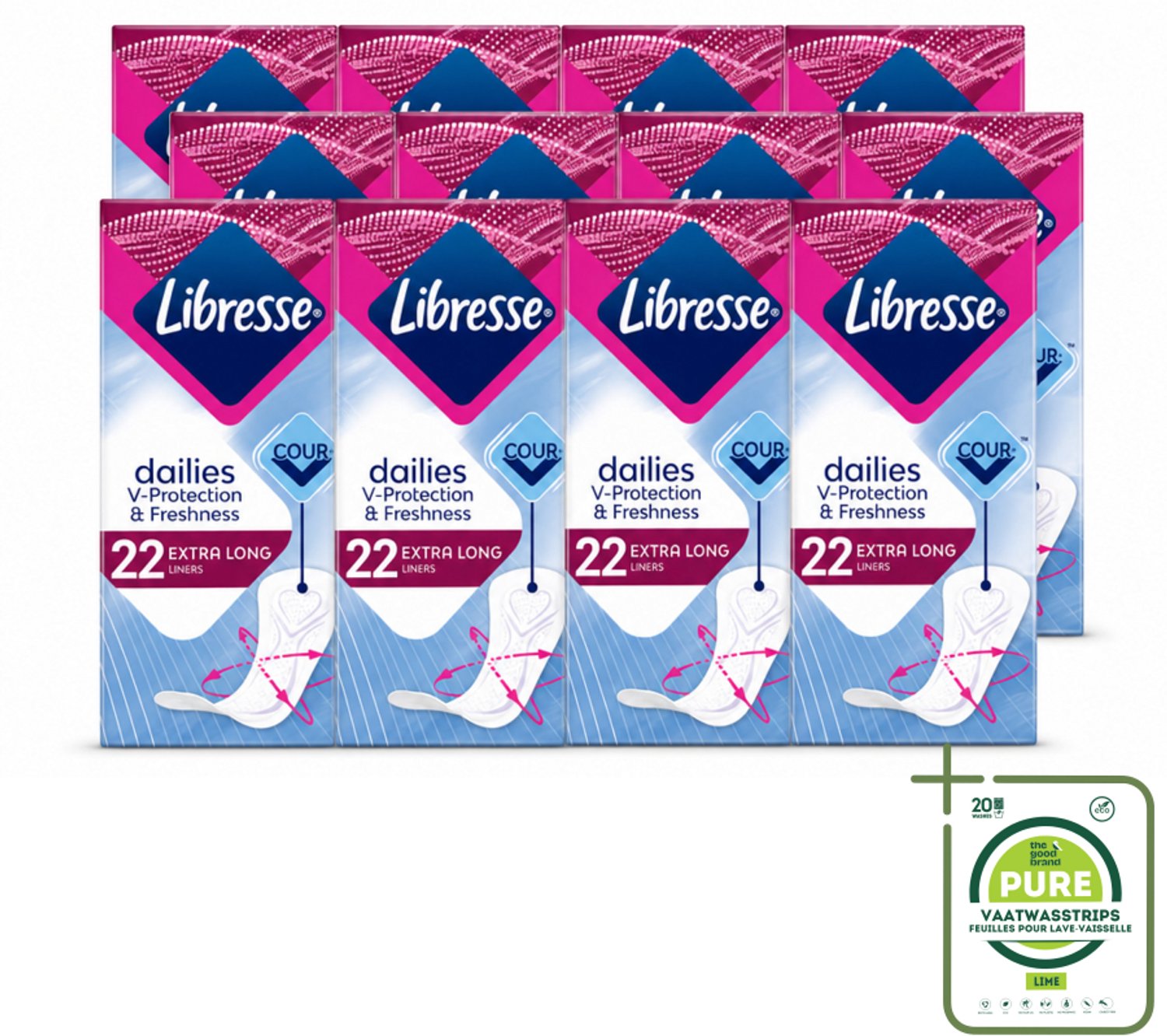 12 x Libresse – Inlegkruisjes – Extra Long – Langdurige bescherming – 22 Inlegkruisjes - Grootverpakking - Vaatwasstrips - Inlegkruisjes - Extra Lang - Bescherming - Comfort - Absorberend