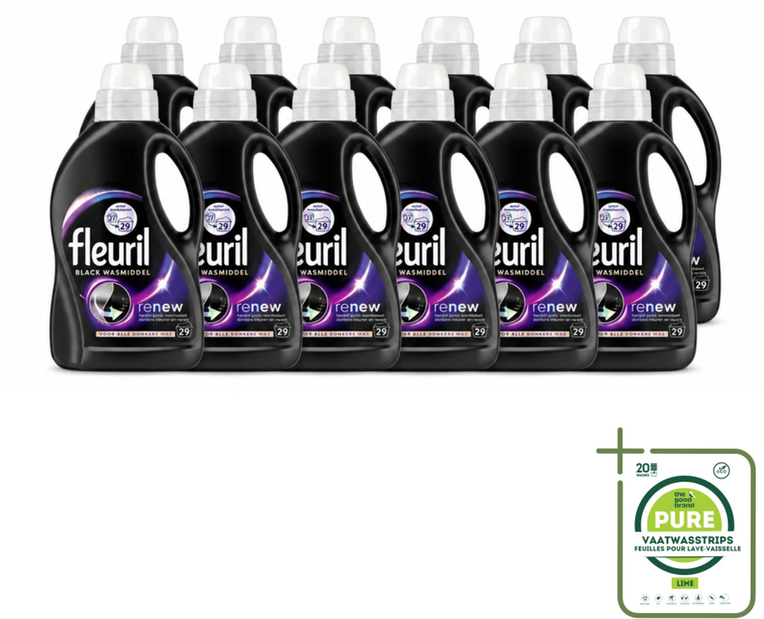 12 x Fleuril – Wasmiddel - Black – 29 wasbeurten – 1,305 L - Grootverpakking - Vaatwasstrips - Wasmiddel Zwart - Kleurbehoud Zwart - Donkere Kleding - Vervaging Voorkomen - Kleding Beschermen