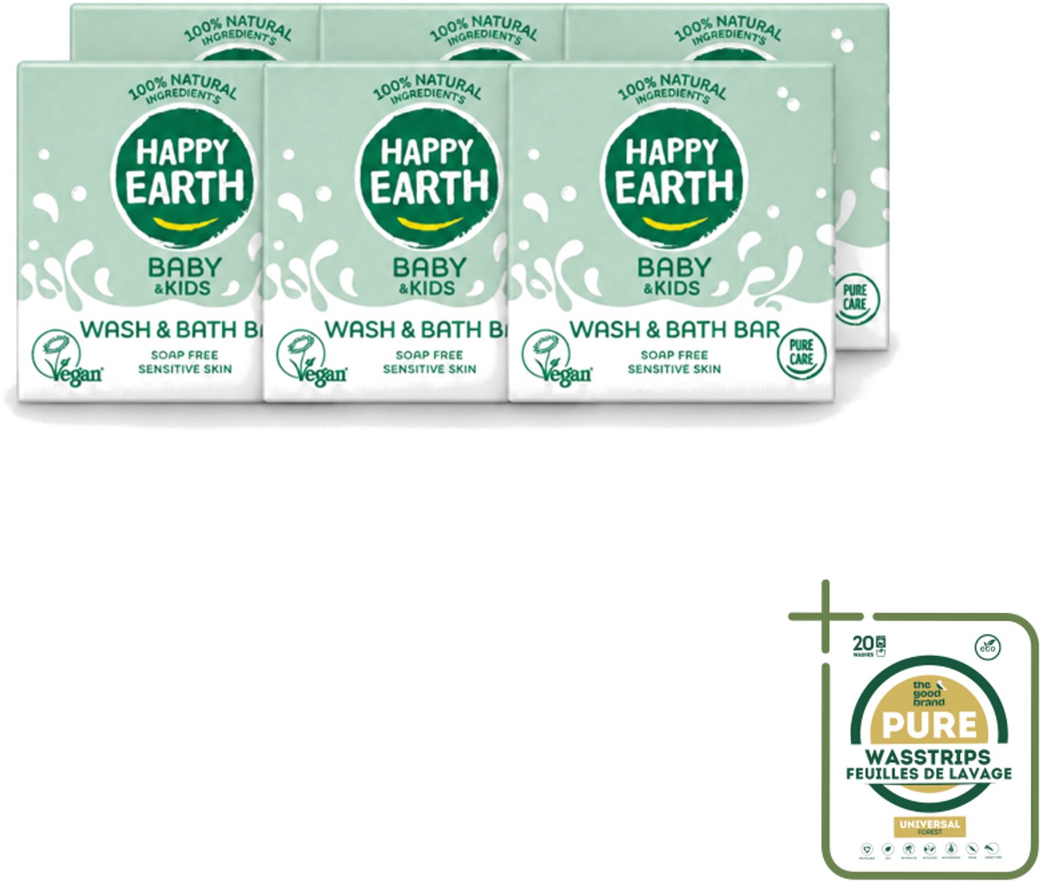 6 x Happy Earth – Wash & Bath Bar – 100% Natuurlijk Baby & Kids – 50 g - Wasstrips - Baby Wasbar - Natuurlijke Wasbar - Baby Badbar - Gevoelige Huid Verzorging - Zeepvrije Wasbar