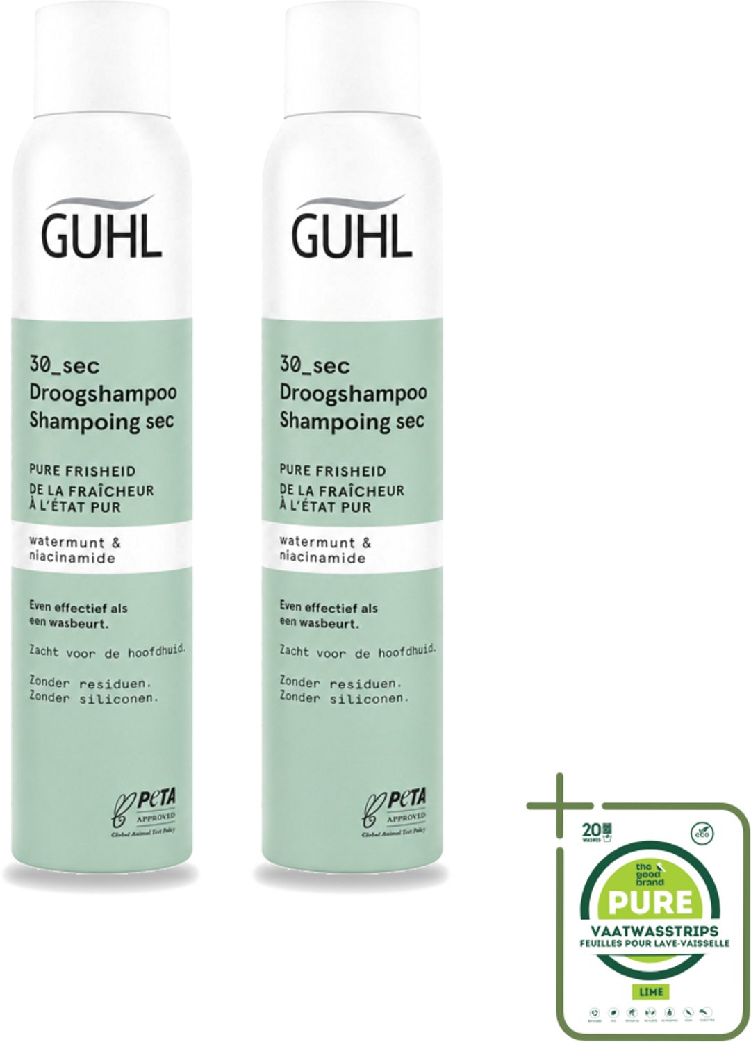 2 x Guhl – Droogshampoo – Pure Frisheid 30 sec – 200 ml - Grootverpakking - Vaatwasstrips - Droogshampoo - Fris Haar - Schoon Haar - Watermunt - Niacinamide
