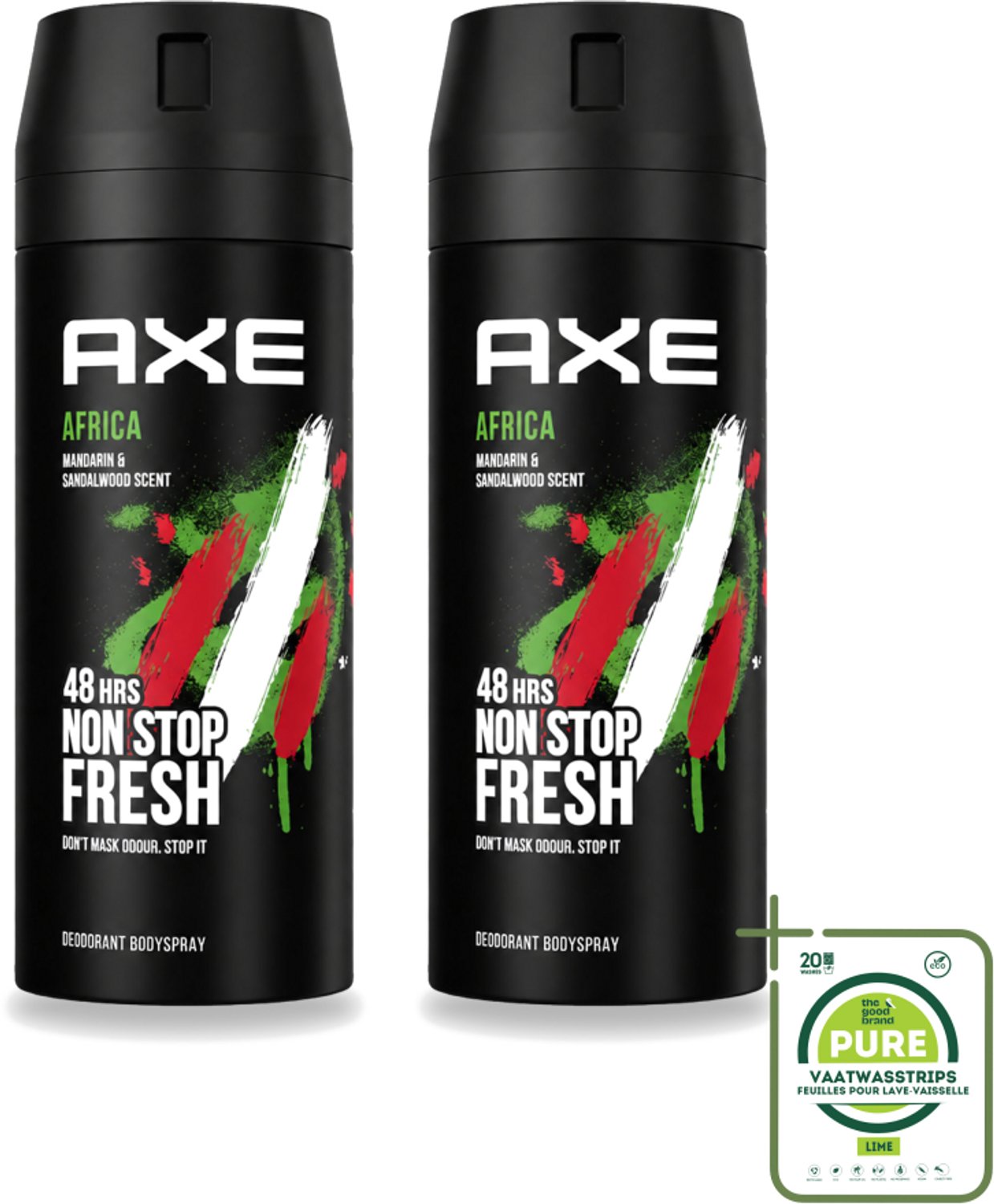 2 x Axe – Deodorant – Africa – 150 ml - Grootverpakking - Vaatwasstrips - Afrikaanse Geur - Frisheid - Lichaamsgeur - Zinktechnologie - Bodyspray