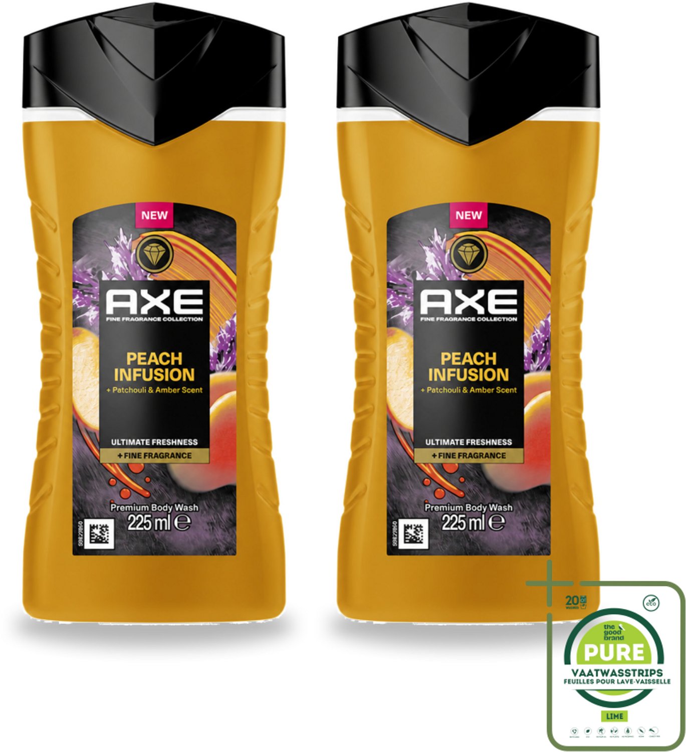 2 x Axe – Douchegel – Peach Infusion – 225 ml - Grootverpakking - Vaatwasstrips - Douchegel - Fris Ruiken - Parfum - Patchoeli - Amber