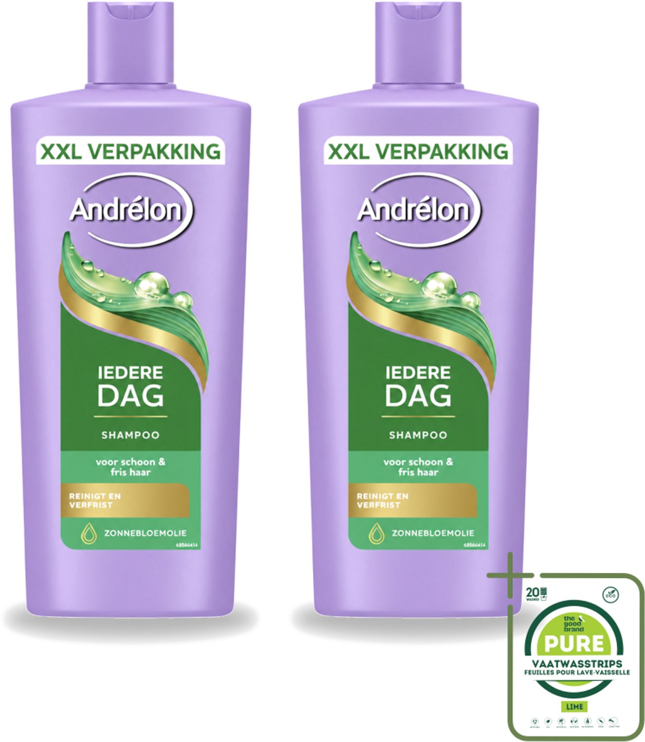 2 x Andrélon – Shampoo – Iedere Dag – 685 ml - Grootverpakking - Vaatwasstrips - Dagelijks Haarwassen - Zachte Shampoo - Frisse Haarreiniging - Zonnebloemolie - Haarverzorging