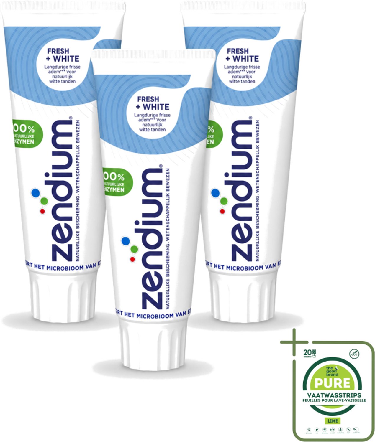 3 x Zendium - Tandpasta - Fresh+ White - 75 ml - Grootverpakking - Vaatwasstrips - Tandpasta - Frisse Adem - Witte Tanden - Enzymen - Fluoride
