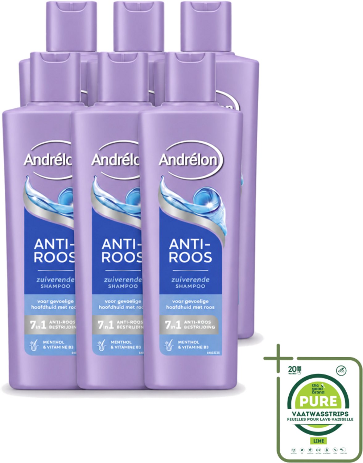 6 x Andrélon – Shampoo – Anti Roos – 250 ml - Grootverpakking - Vaatwasstrips - Roos Haar - Roos Hoofdhuid - Anti-roos Shampoo - Menthol Shampoo - Vitamine B3 Shampoo