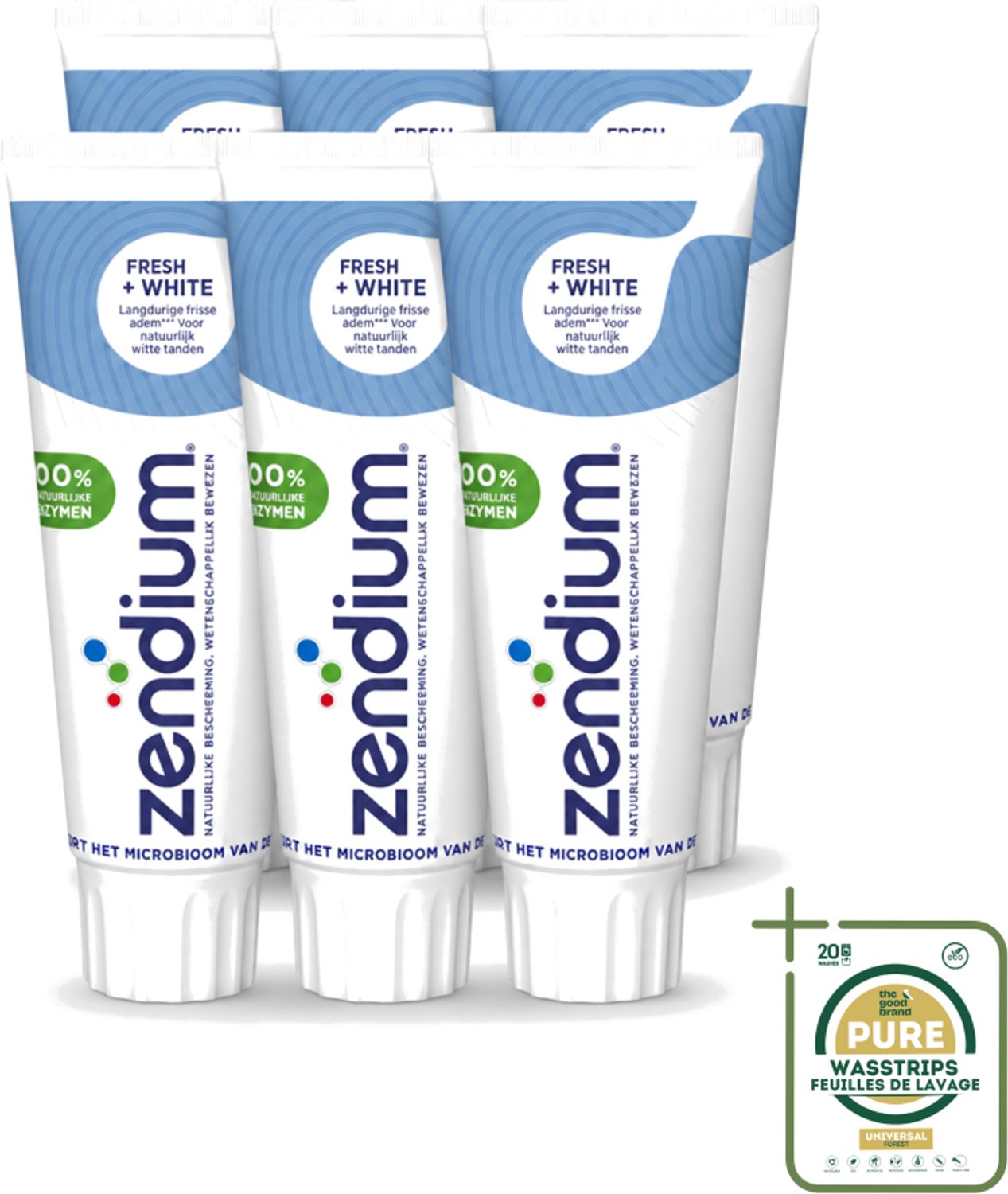 6 x Zendium - Tandpasta - Fresh+ White - 75 ml - Wasstrips - Tandpasta - Frisse Adem - Witte Tanden - Natuurlijke Tandpasta - Fluoride