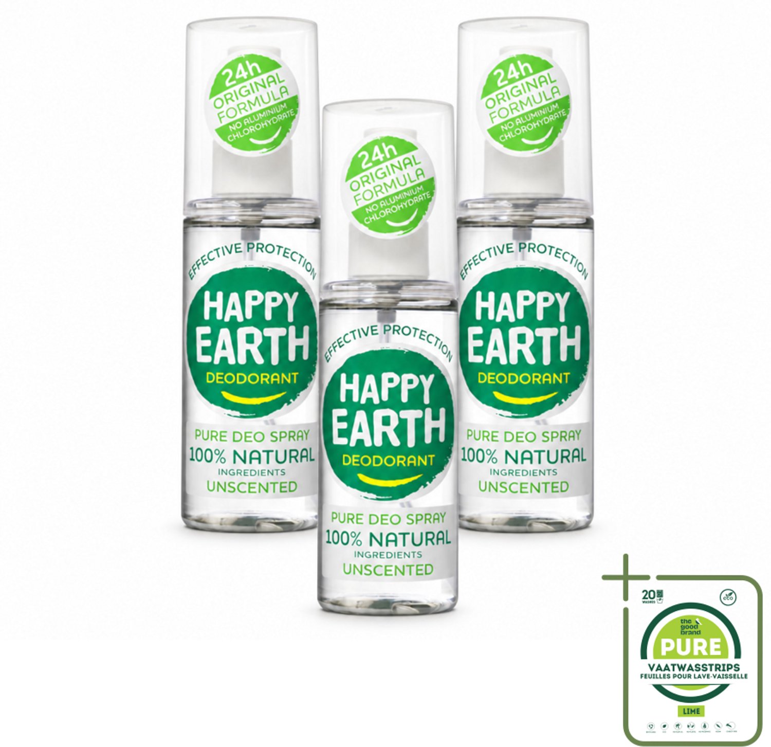 3 x Happy Earth – Deodorant Spray – 100% Natuurlijk Unscented – 100 ml - Grootverpakking - Geurloos Deodorant - Hypoallergene Deodorant - Natuurlijke Deodorant - Deodorant Voor Gevoelige Huid - Mineralen Deodorant