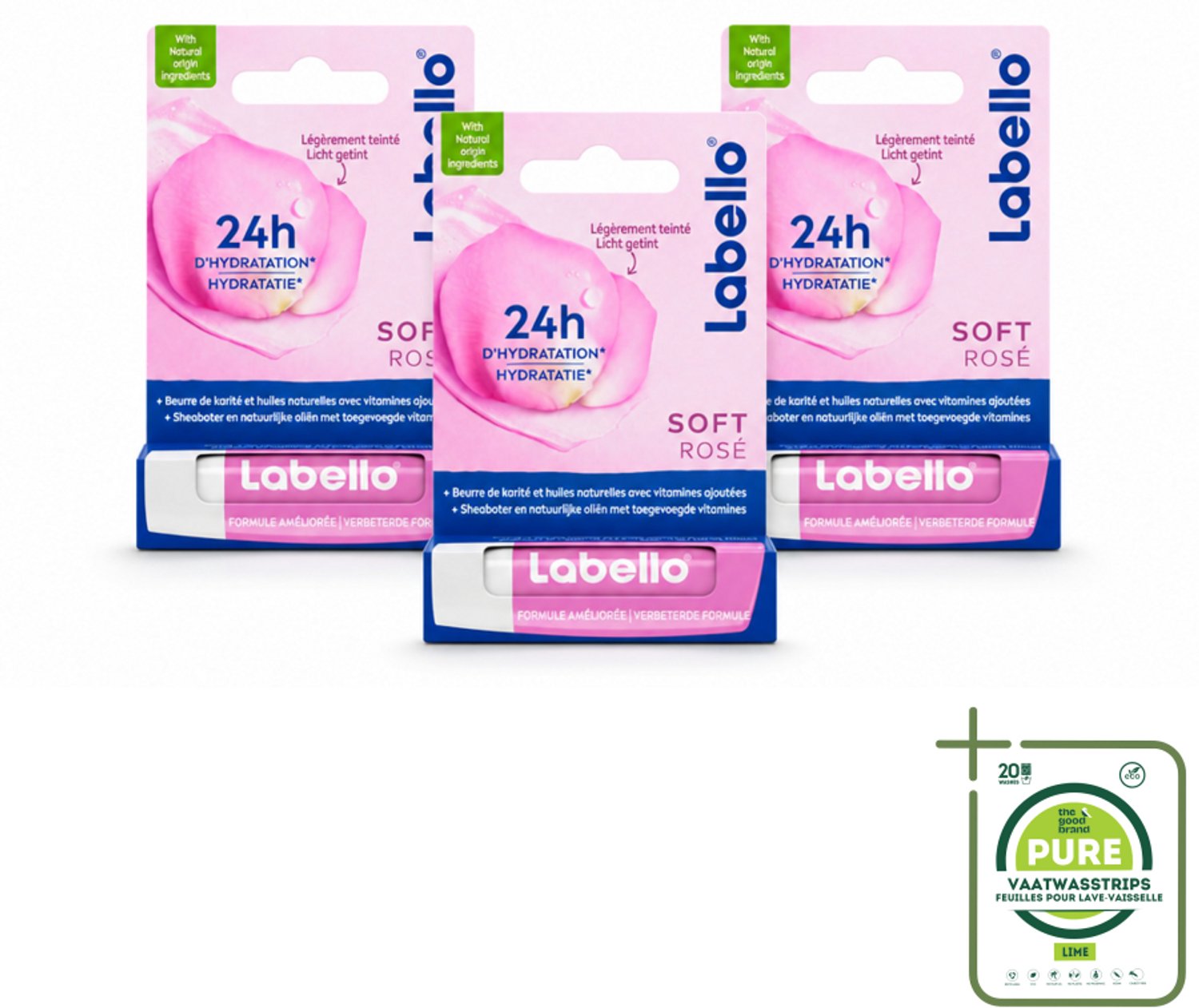 3 x Labello – Lippenbalsem – Soft Rosé – Lippenbalsem – 24H Hydratatie - Grootverpakking - Vaatwasstrips - Hydraatende Lippenbalsem - Roze Lippenbalsem - Natuurlijke Lippenverzorging - Lippenhydratatie - Rozenextract