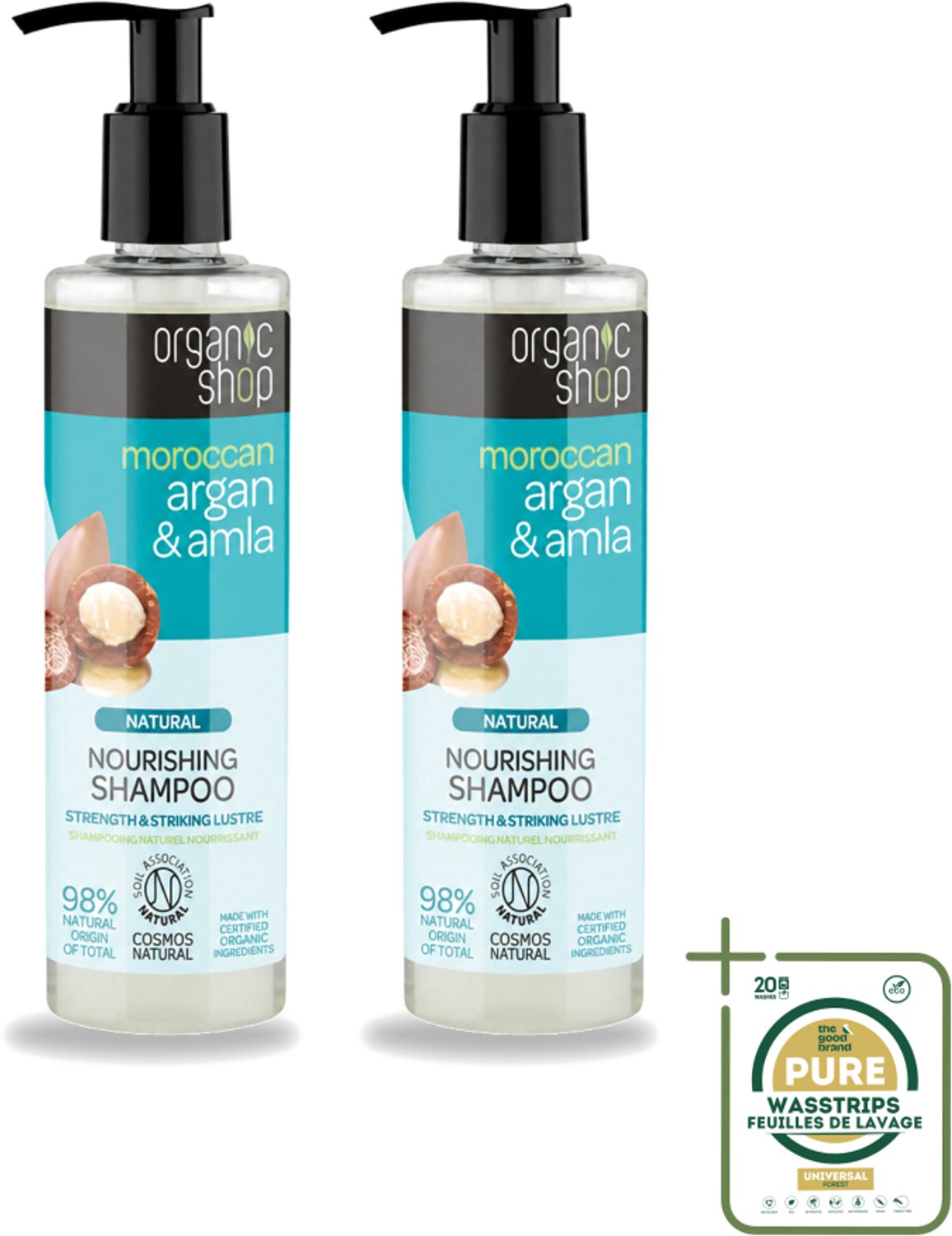 2 x Organic Shop - Natural Nourishing Shampoo - Argan Hair & Amla - Herstellend en Voedend - 280 ml - Wasstrips - Argan Haar Shampoo - Natuurlijke Haar Shampoo - Herstellende Haar Shampoo - Voedend Haar Shampoo - Beschadigd Haar Herstellen