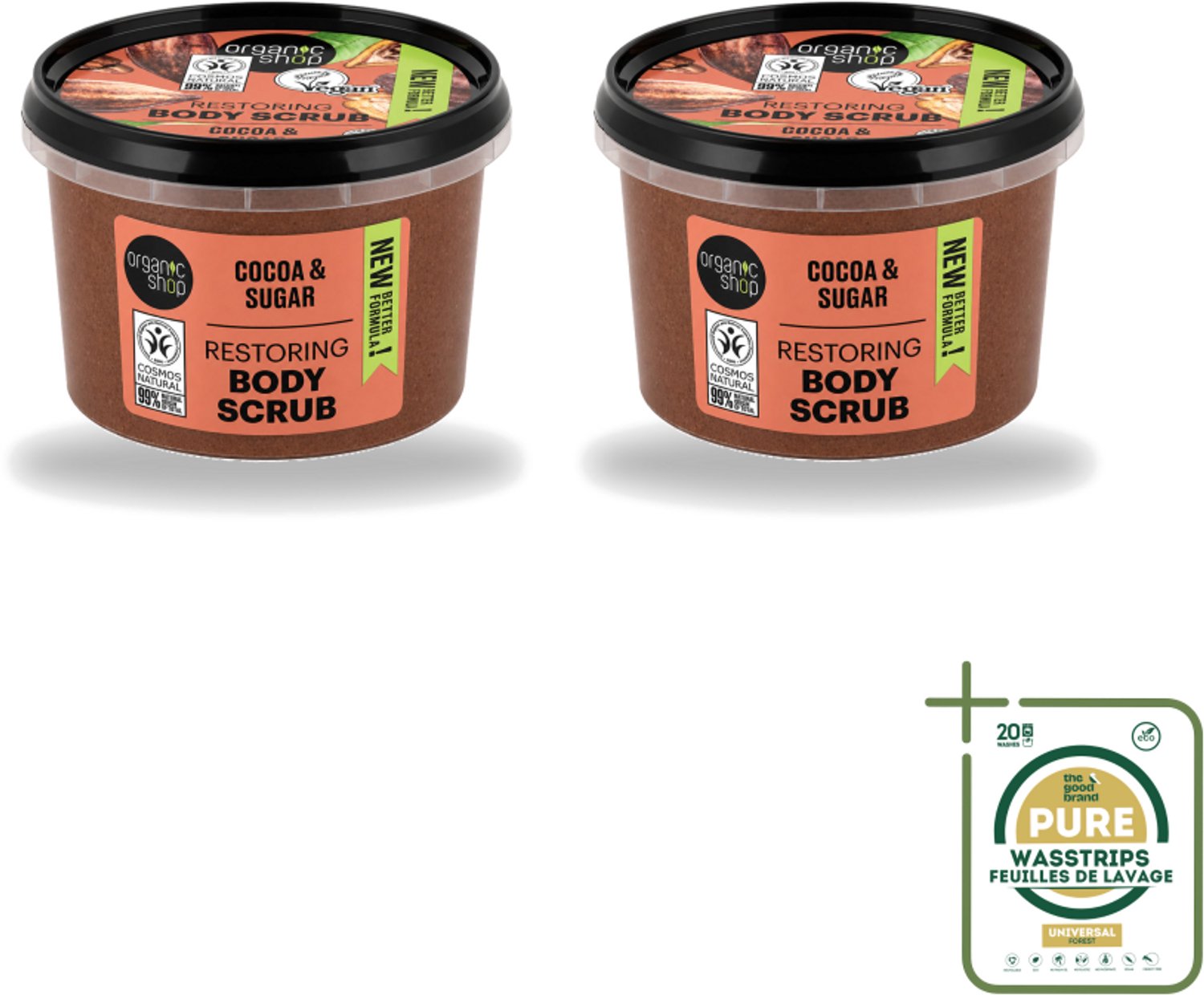 2 x Organic Shop - Body Scrub Cocoa - Rijke Hydratatie - 250 ml - Wasstrips - Bodyscrub - Exfoliatie - Huidverzorging - Cacaoscrub - Natuurlijke Scrub