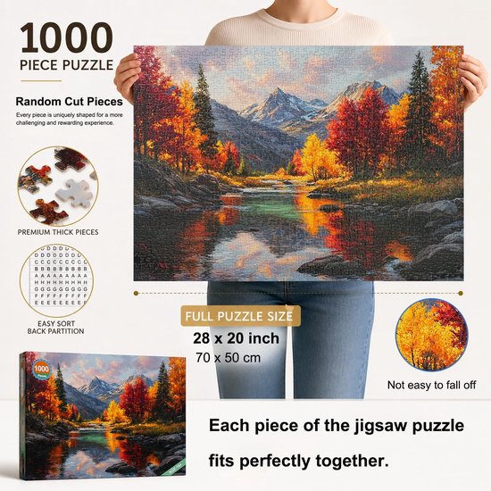 Yunlus Legpuzzels voor volwassenen, 1000 stukjes, onmogelijk, moeilijk, moeilijk, uitdagende puzzels voor volwassenen, 1000 stuks, 1000 stuks, olieverfschilderij, bergbos, meerlandschap, legpuzzels — afbeelding 3
