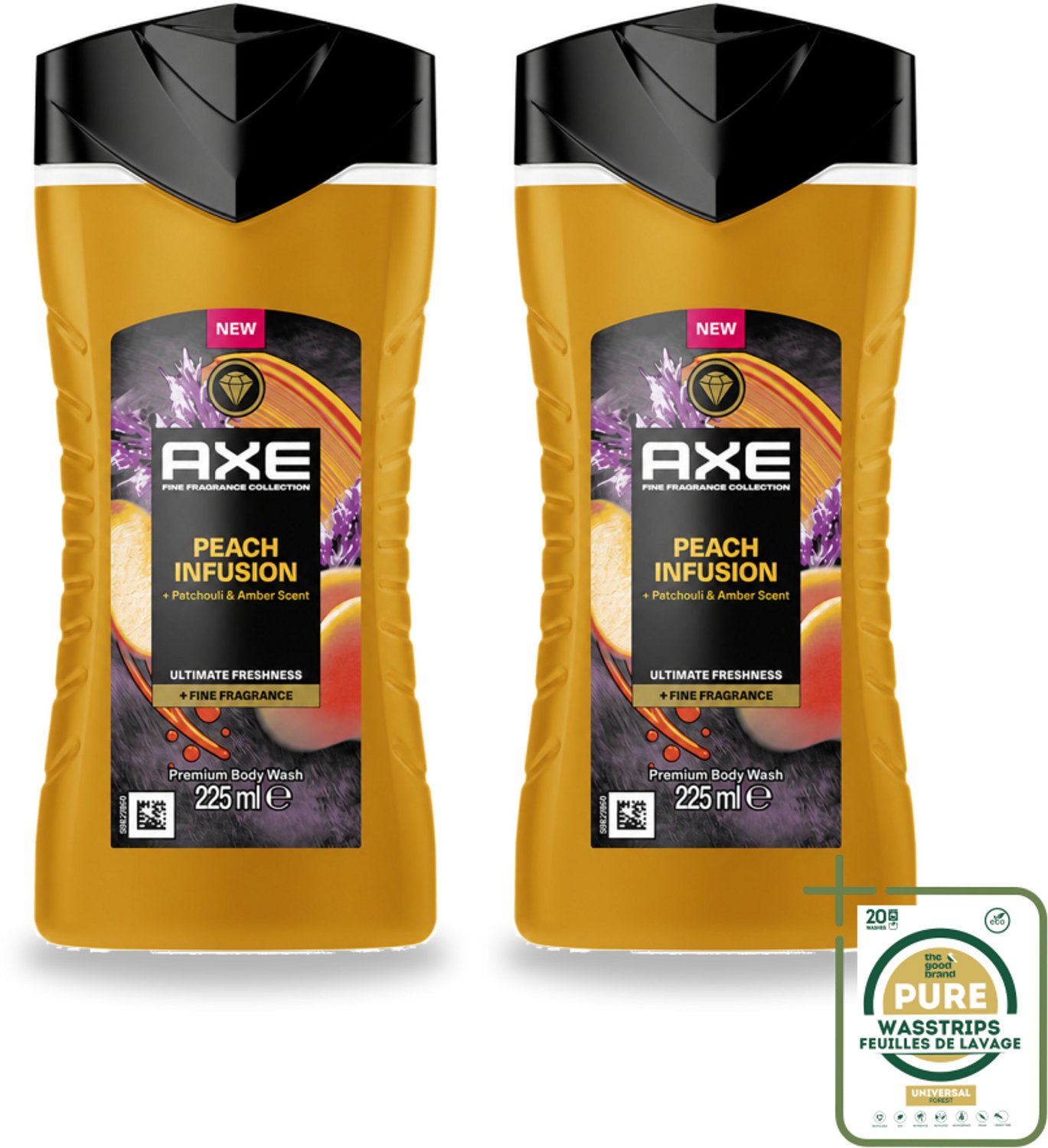 2 x Axe – Douchegel – Peach Infusion – 225 ml - Wasstrips - Douchegel - Fris Ruiken - Geur - Parfum - Luxe Geur