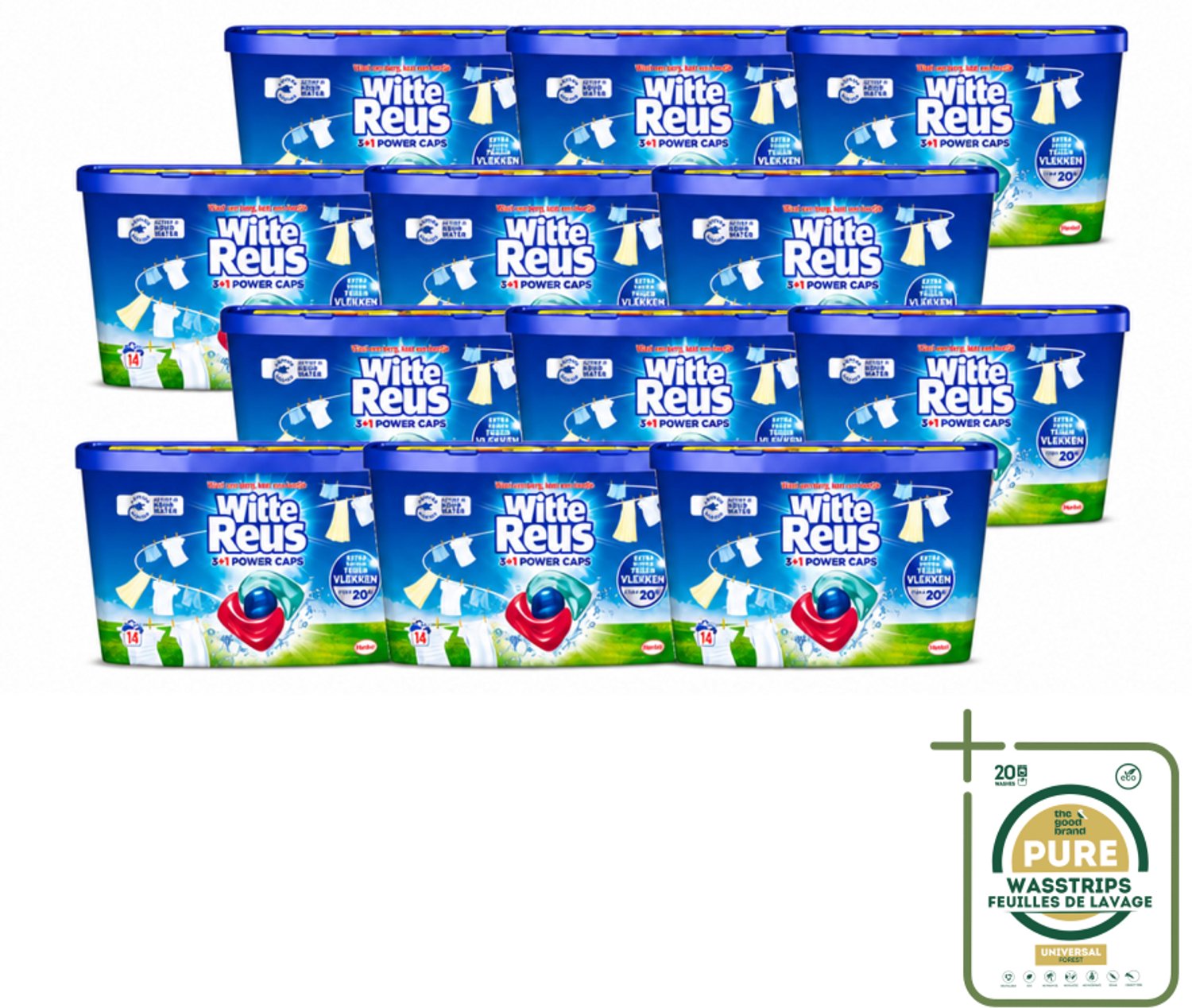 12 x Witte Reus - Wasmiddel - Power Caps 3+1 - 14 Capsules - Wasstrips - Wasmiddel - Power Caps - Witmaken - Wasresultaat - Wasgoed