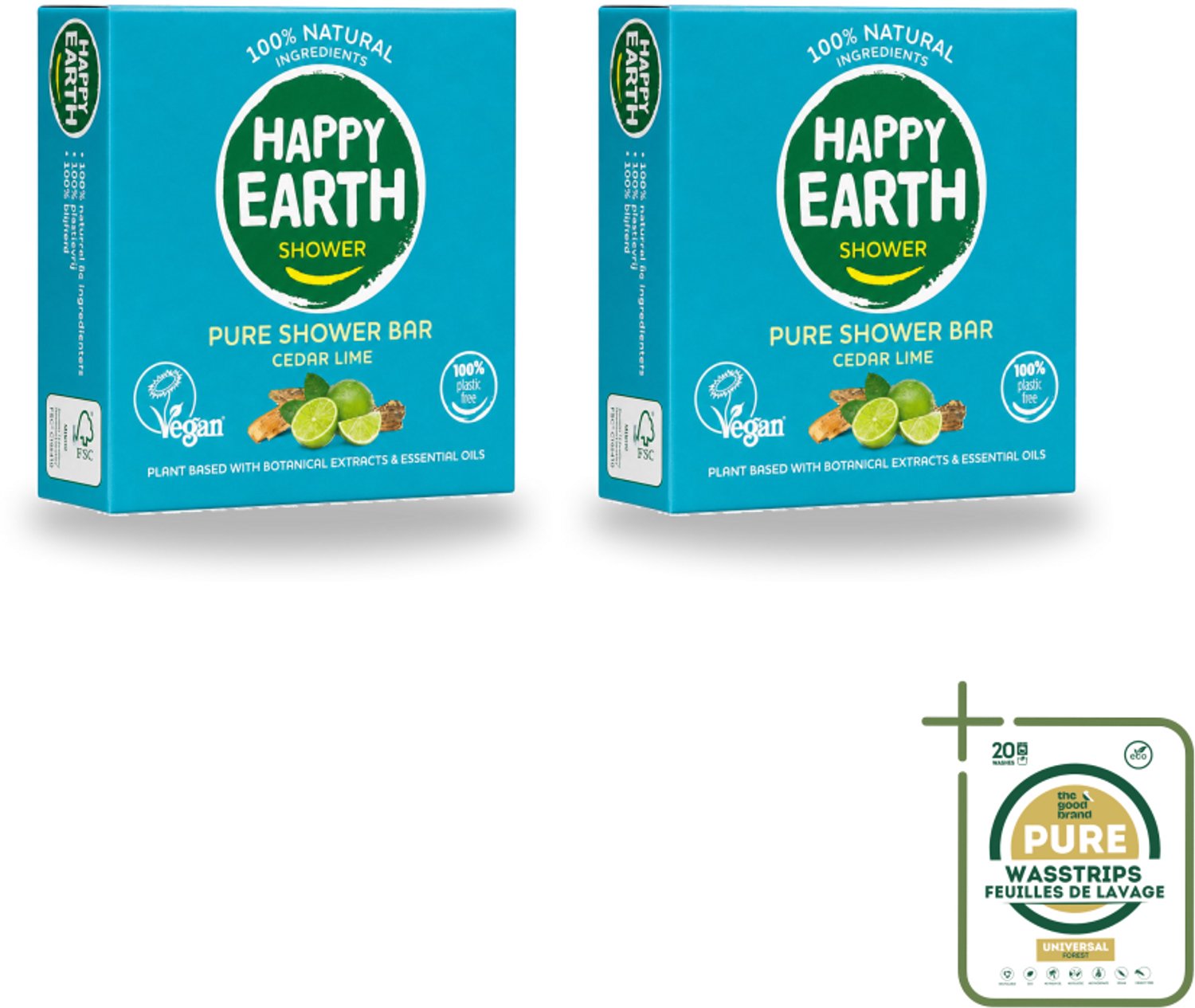 2 x Happy Earth – Shower Bar – 100% Natuurlijk Cedar Lime – 90 g - Wasstrips - Douchegel - Natuurlijke Douchegel - Ceder En Limoen - Sheaboter - Amandelolie