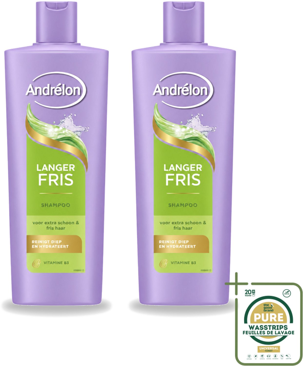 2 x Andrélon – Shampoo – Langer Fris – 400 ml - Wasstrips - Haar Reinigen - Fris Haar - Luchtig Haar - Vitamine B3 - Vet Haar
