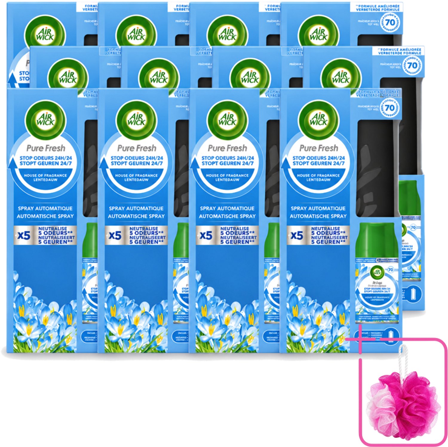 12 x Air Wick - Freshmatic Spray - Starterkit - Pure Fresh Lentedauw - 250 ml - Bulkverpakking - Automatische geurverneveling - Douchemop - Lentegeur