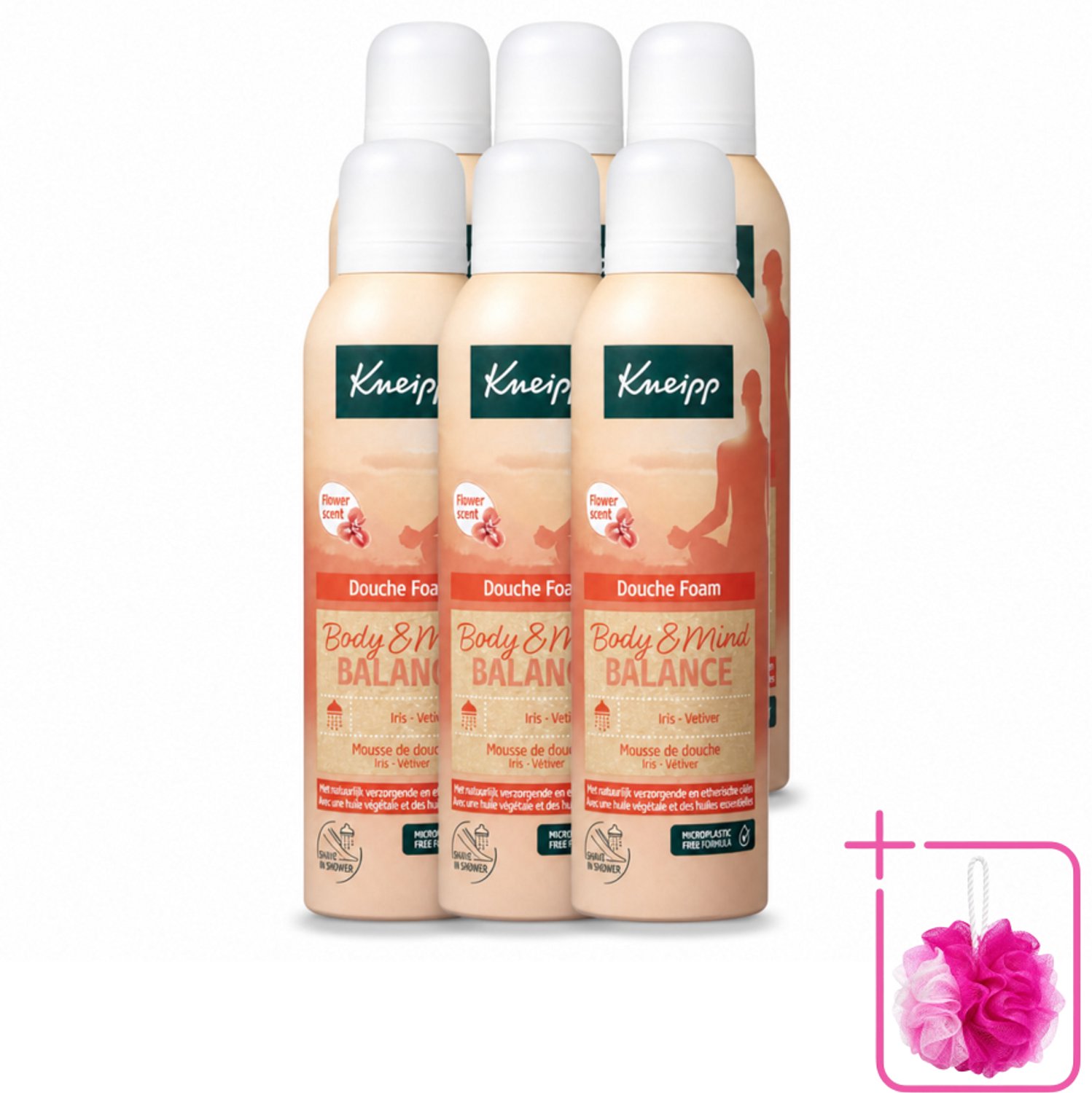 6 x Kneipp - Douche schuim - Body & Mind Balance - Iris & Vetiver - 200 ml - Bulkverpakking - Douche foam - Douchemop - Rust