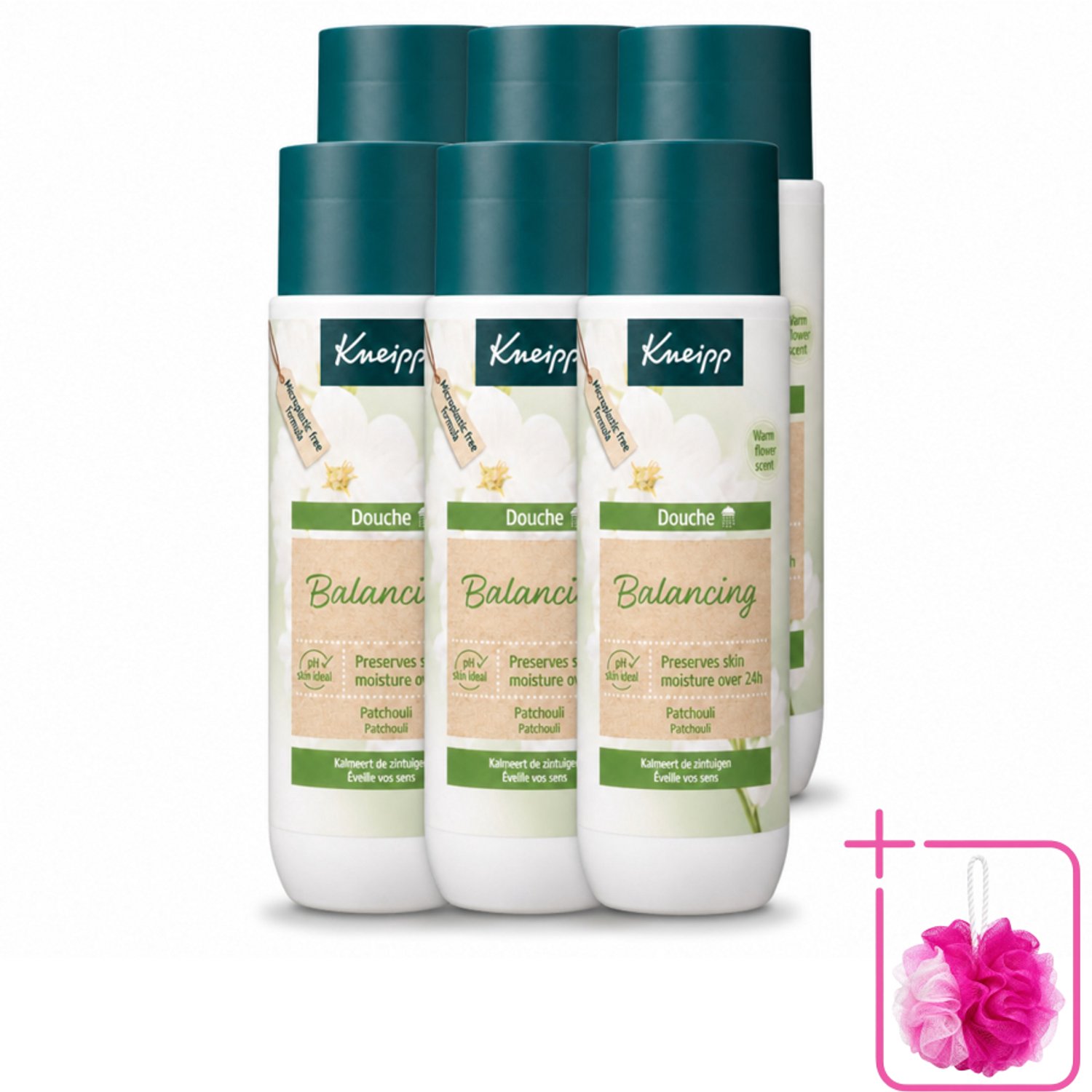 6 x Kneipp - Douchegel - Patchouli - 200 ml - Bulkverpakking - Douchegel patchouli - Douchemop - Balans huid
