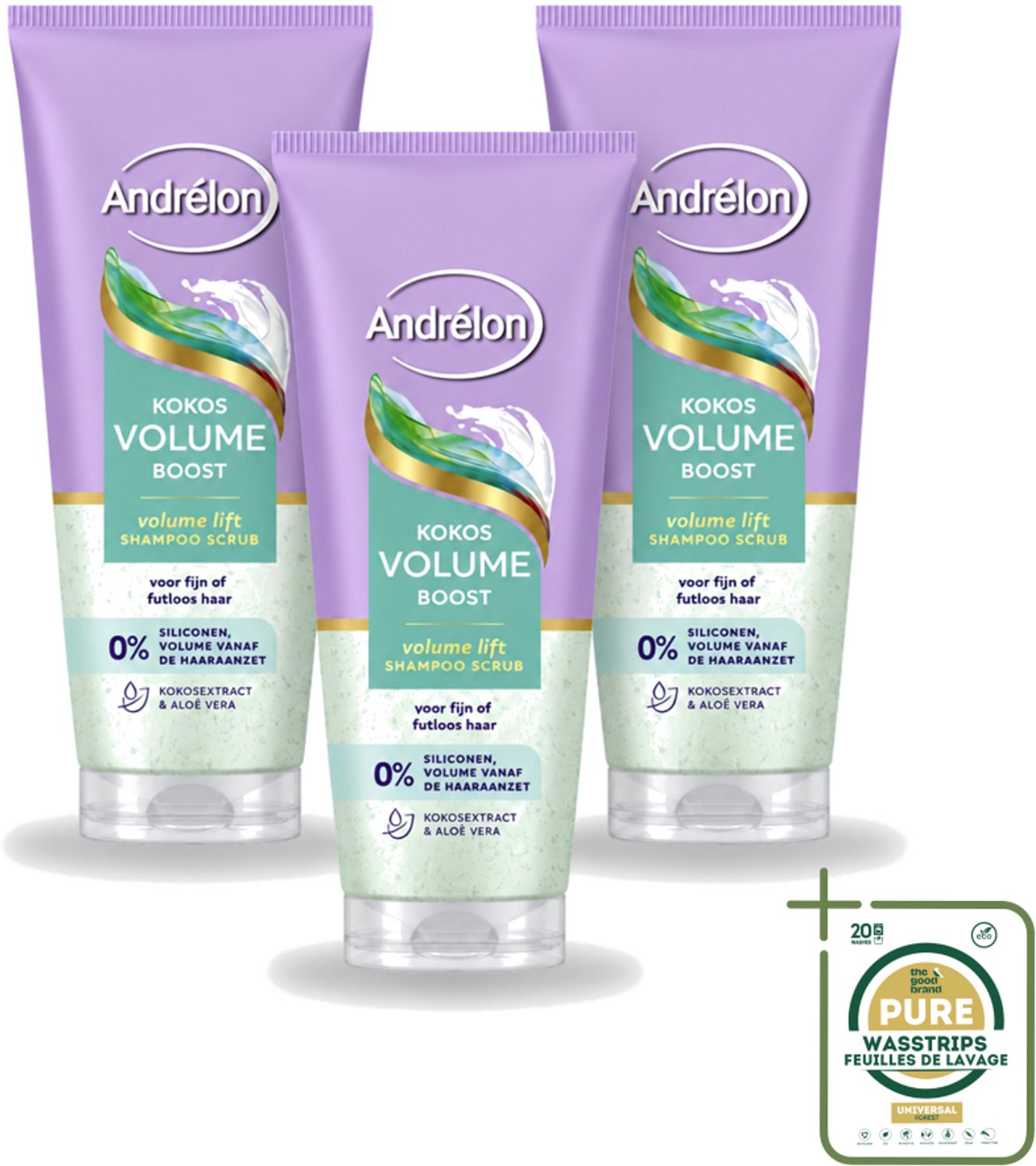 3 x Andrélon – Shampoo Scrub – Kokos Volume Boost – 200 ml - Wasstrips - Haarvolume - Kokos Shampoo - Haarverzorging - Exfoliatie - Fris Haar