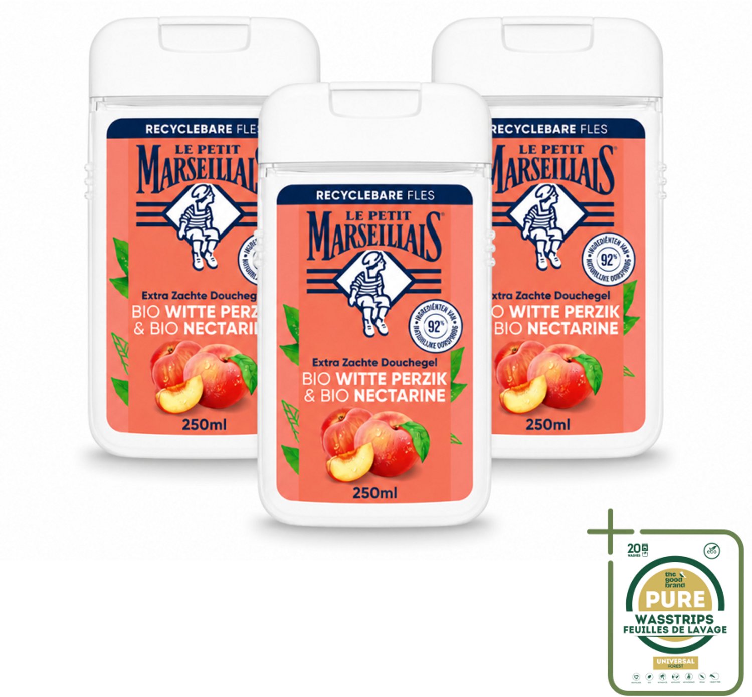 3 x Le Petit Marseillais – Douchegel – Bio Perzik & Nectarine – Verfrissend – 250 ml - Wasstrips - Douchegel Bio Perzik En Nectarine - Frisse Douchegel - Bio Douchegel - Fris Douchegel - Perzik En Nectarine Geur
