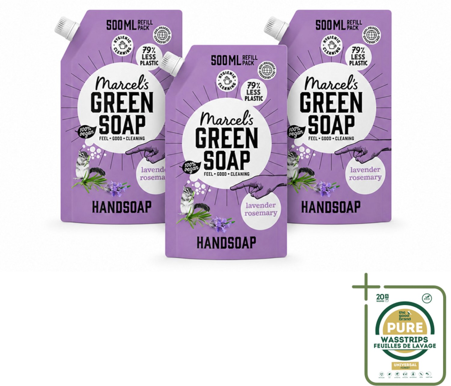 3 x Marcel’s Green Soap – Handzeep Navulling – Lavendel & Rozemarijn – 500 ml - Wasstrips - Handzeep - Natuurlijke Handzeep - Handzeep Lavendel - Handzeep Rozemarijn - Handzeep Navulling