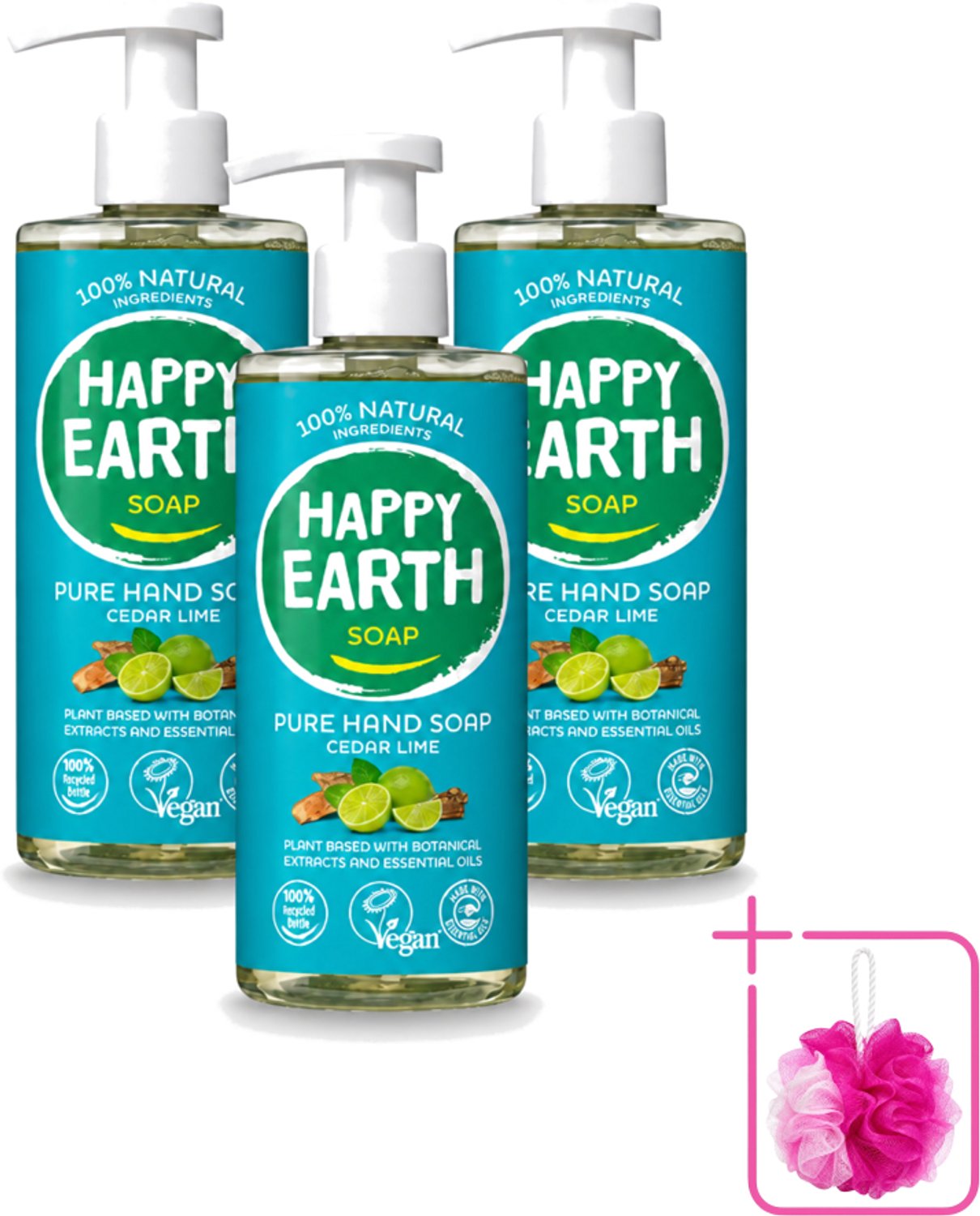 3 x Happy Earth – Handzeep – 100% Natuurlijk Cedar Lime – 300 ml - Bulkverpakking - Natuurlijke handzeep - Douchemop - Vegan handzeep