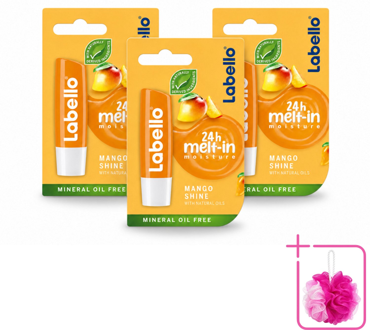 3 x Labello – Lippenbalsem -- Mango Shine – 4,8 g - Bulkverpakking - Lippenbalsem - Douchemop - Mango geur