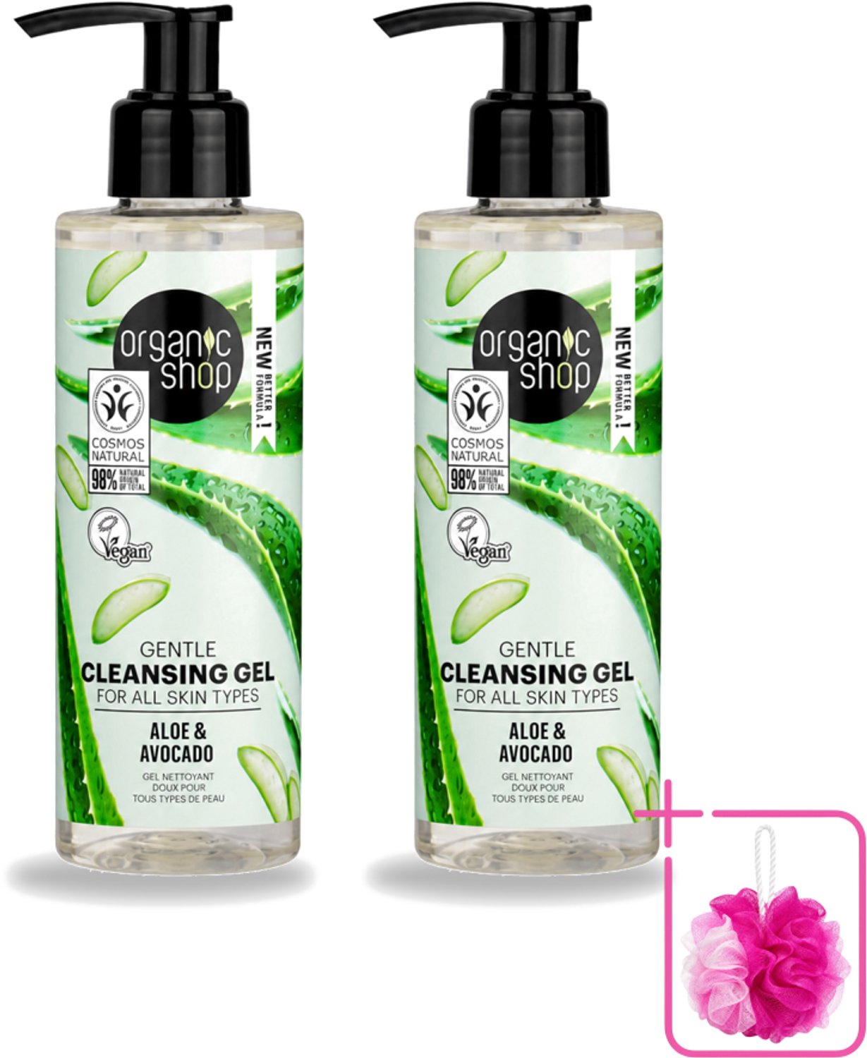2 x Organic Shop - Cleansing Gel Avocado & Aloe - Verfrissend en Hydraterend - 200 ml - Bulkverpakking - Gezichtsreiniger - Douchemop - Natuurlijke reiniging
