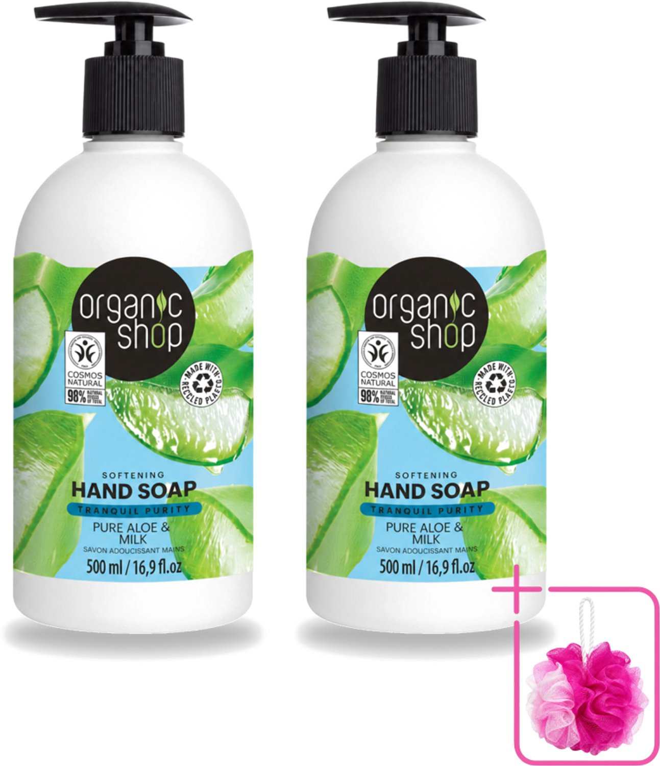 2 x Organic Shop - Handzeep Aloe & Milk - Verzachtend en Hydraterend - 500 ml - Bulkverpakking - Handzeep - Douchemop - Natuurlijke handzeep